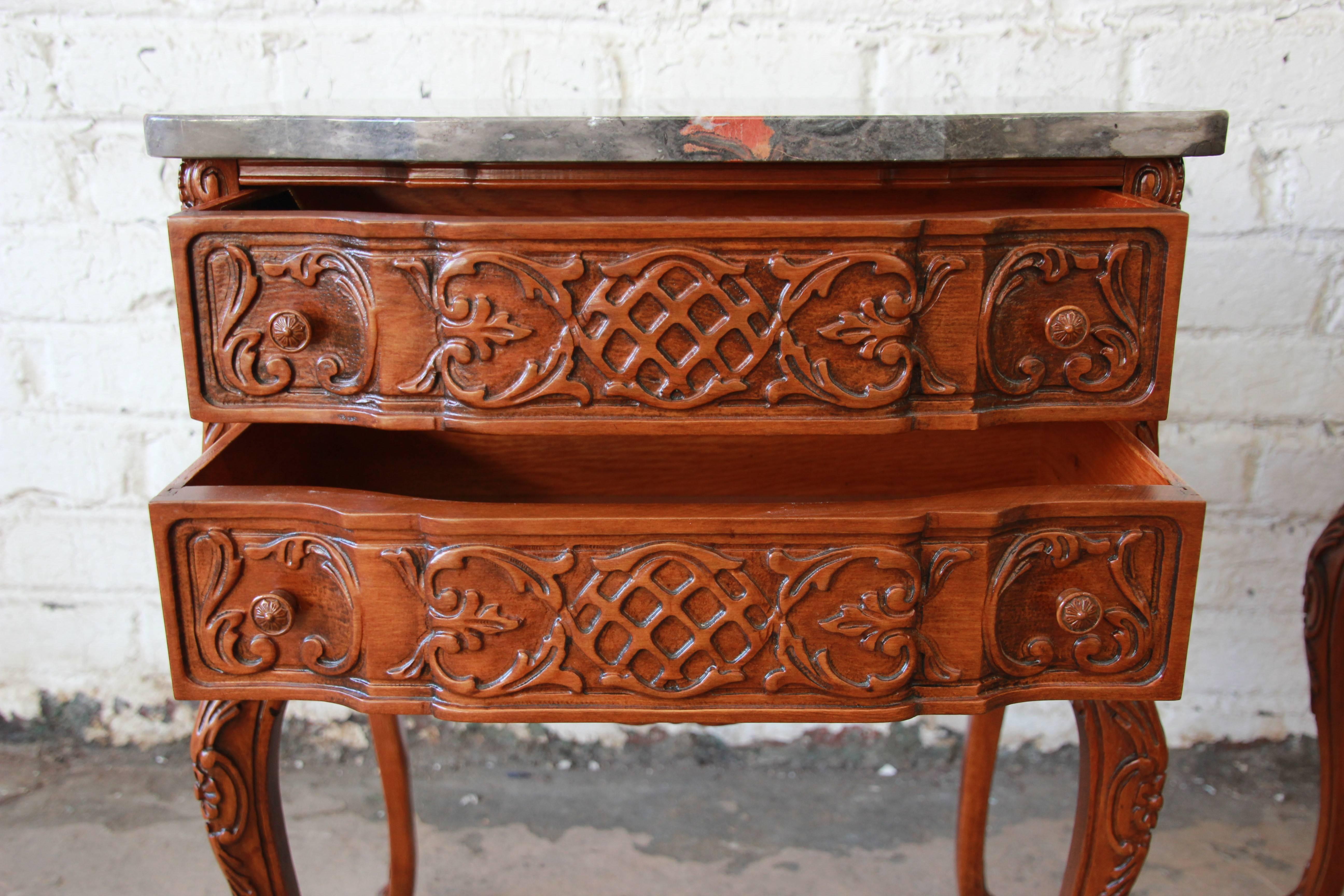 Pair of Carved French Louis XV Style Marble Top Nightstands, circa 1920 1