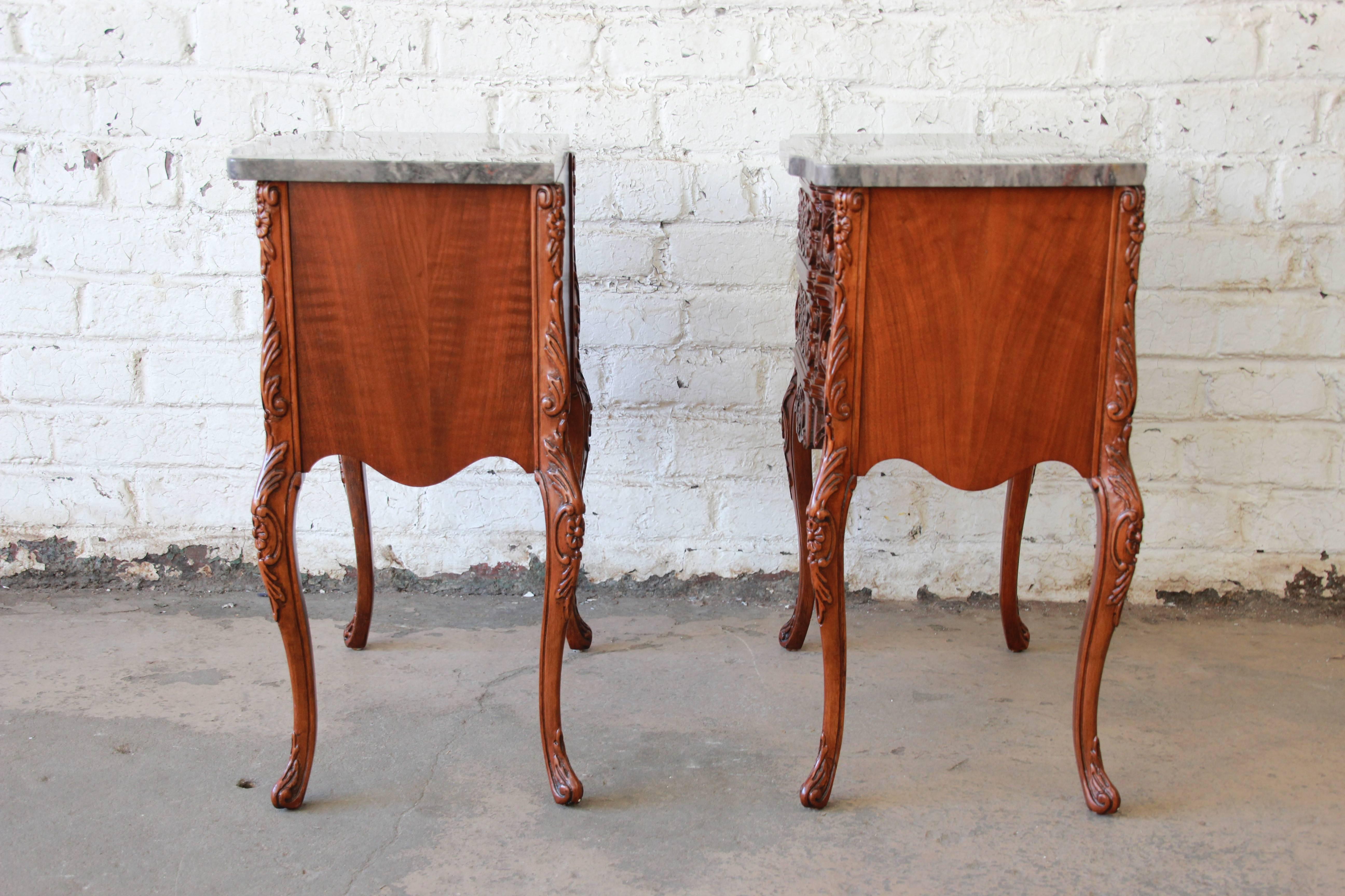 Pair of Carved French Louis XV Style Marble Top Nightstands, circa 1920 4