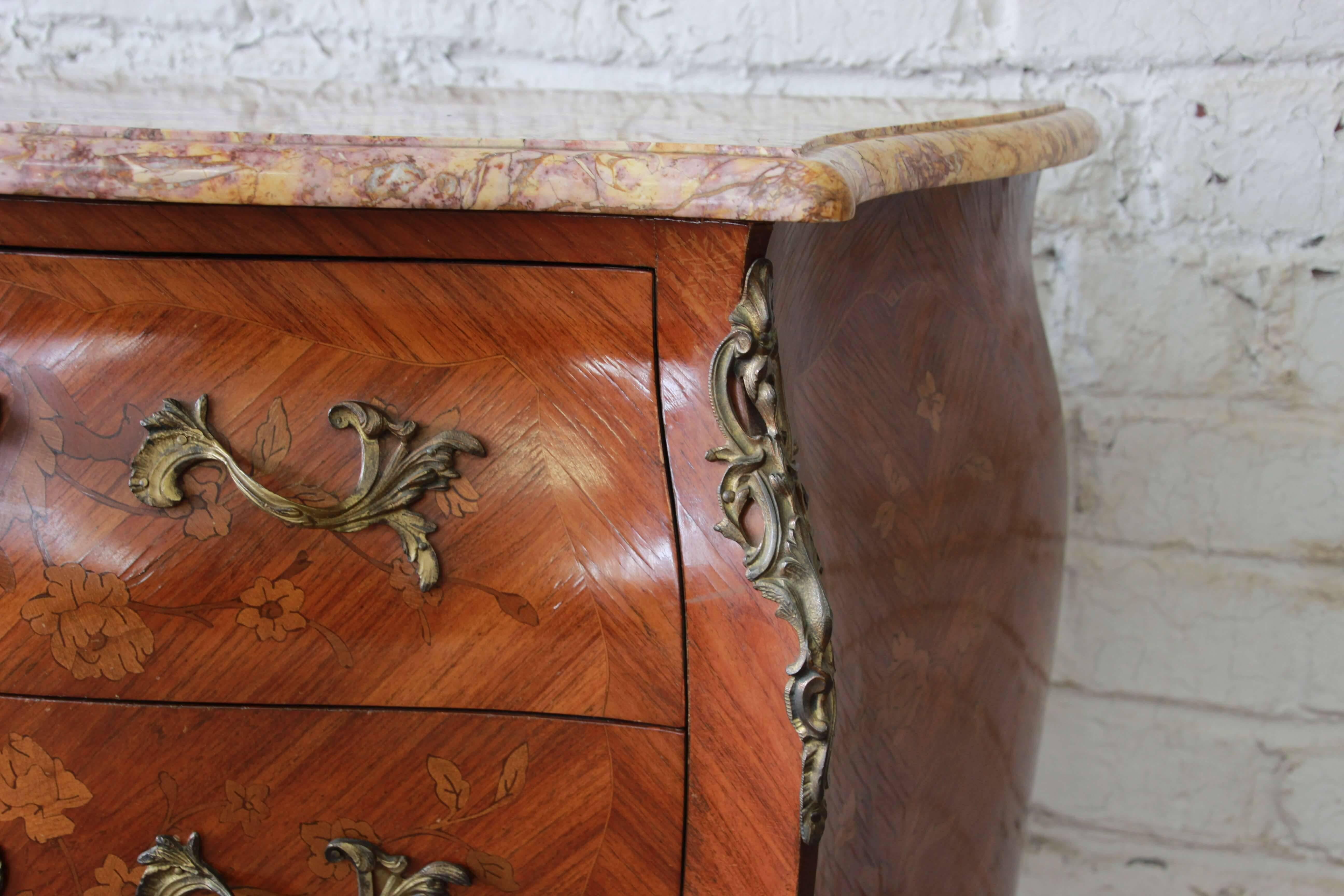 Early 20th Century French Marble-Top Inlaid Bombay Chest with Mounted Bronze Ormolu