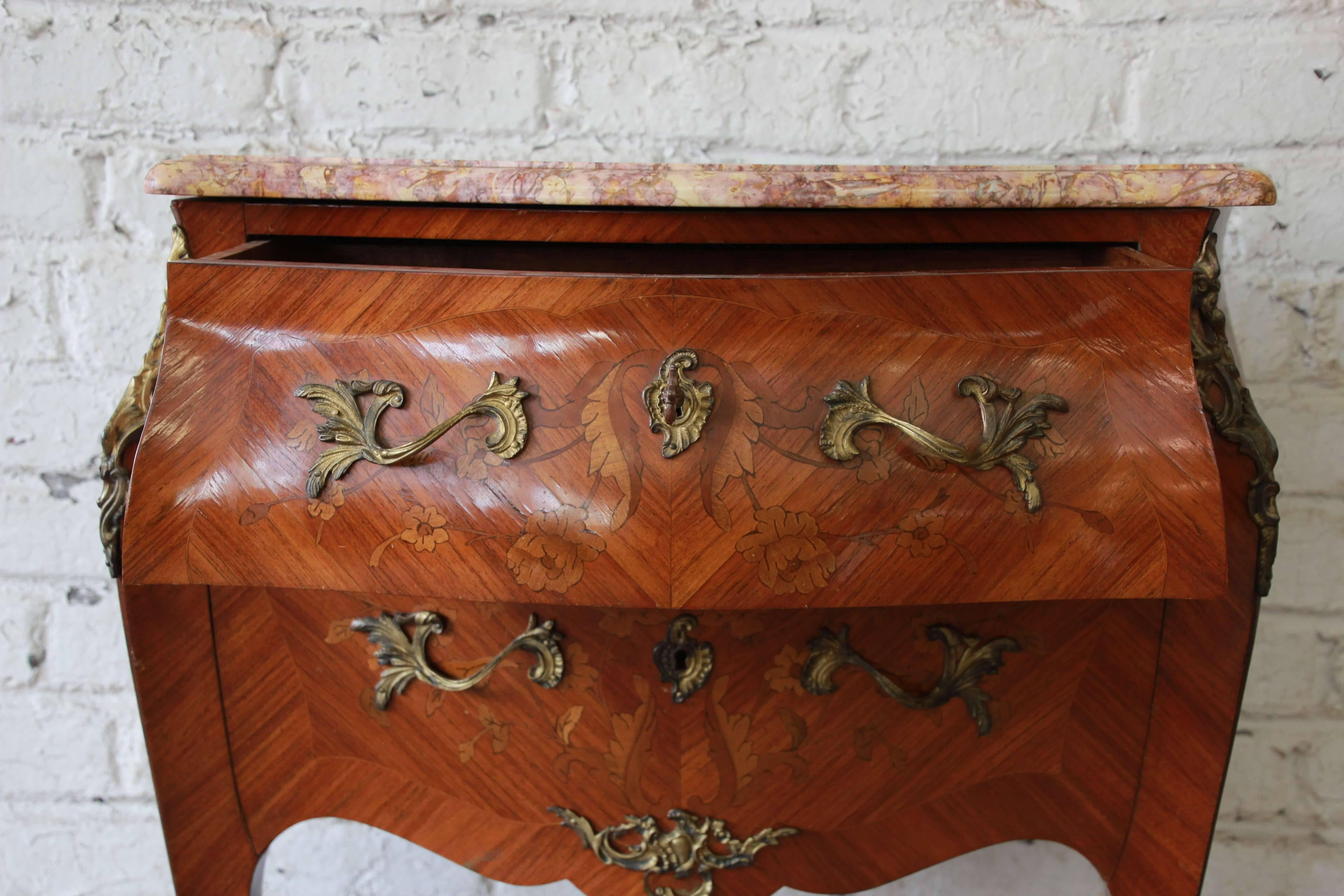 French Marble-Top Inlaid Bombay Chest with Mounted Bronze Ormolu In Good Condition In South Bend, IN