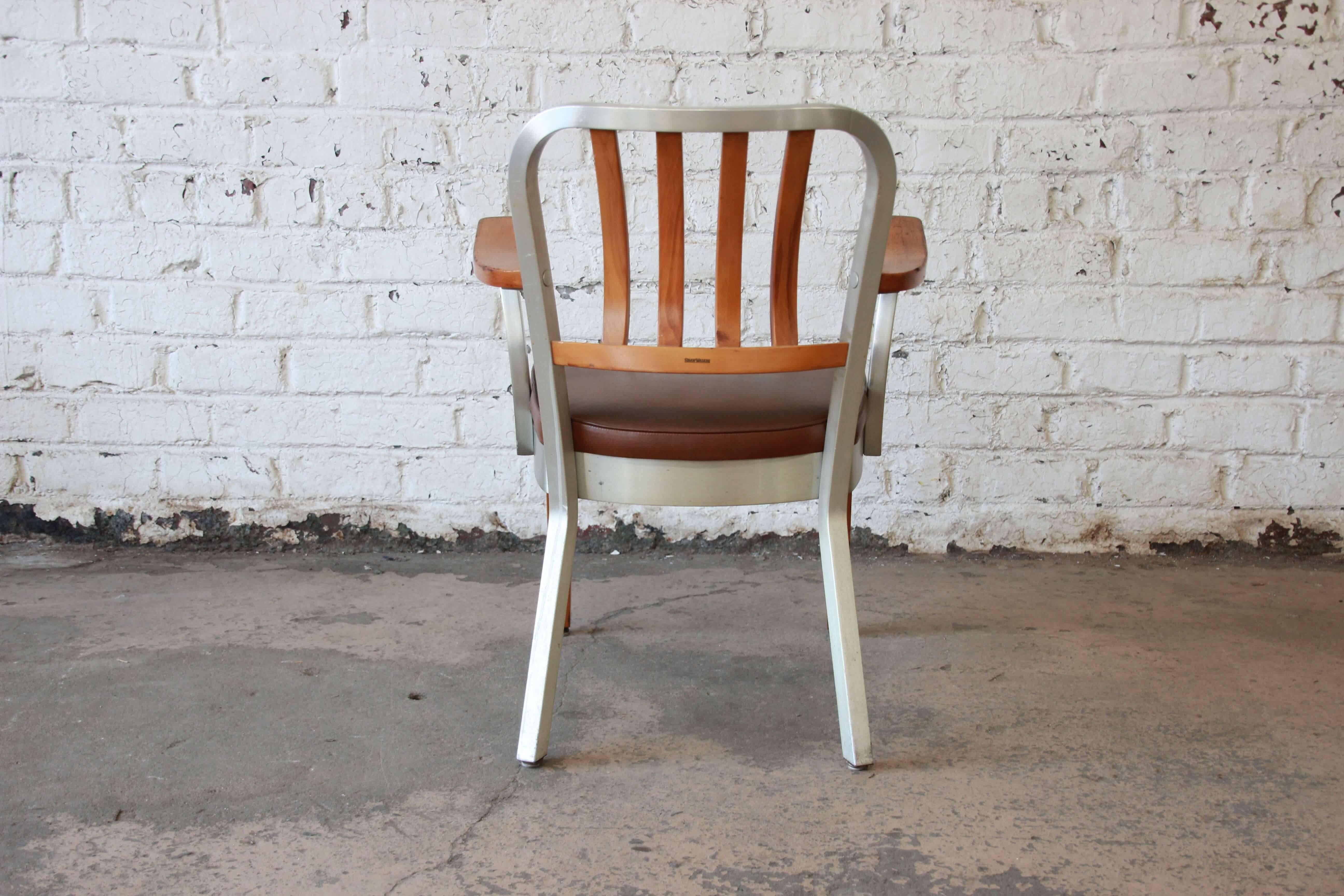 Shaw Walker Maple and Aluminium Armchair with Leather Seat, 1950s In Good Condition In South Bend, IN