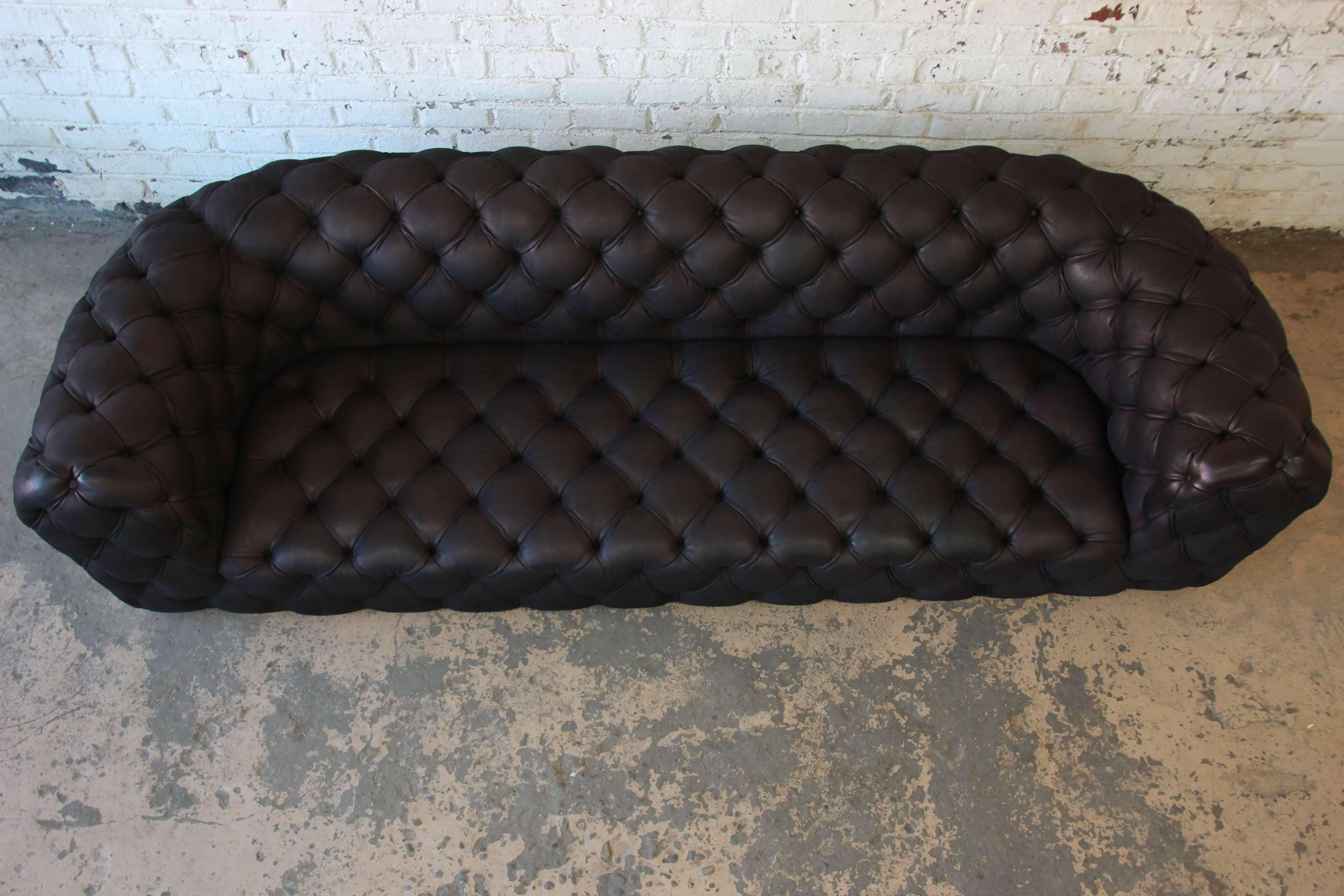 Mid-Century Modern Italian Tufted Black Leather Chester Moon Sofa by Paola Navone for Baxter