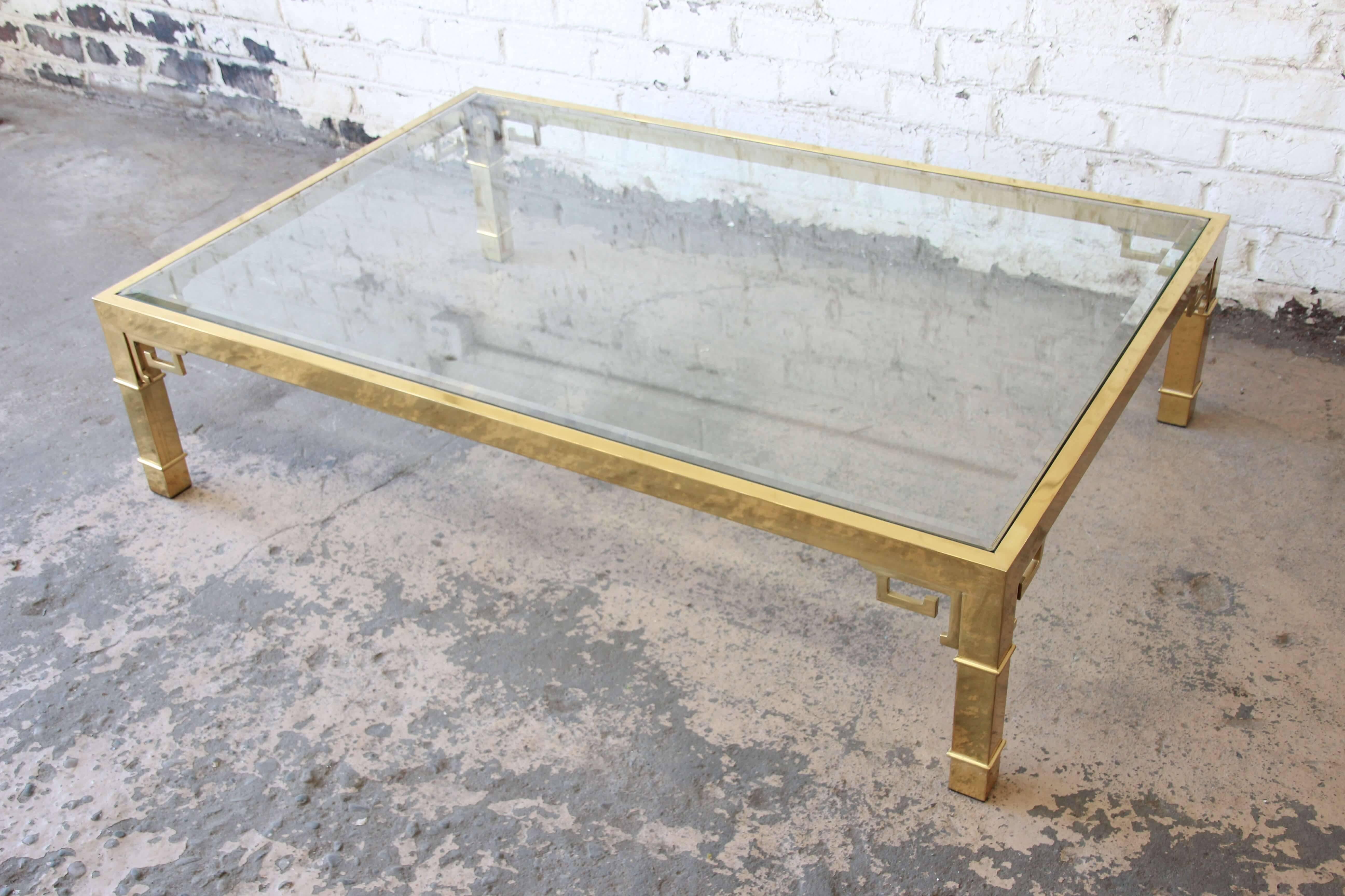 Late 20th Century Mastercraft Hollywood Regency Brass and Glass Coffee Table with Greek Key Motif