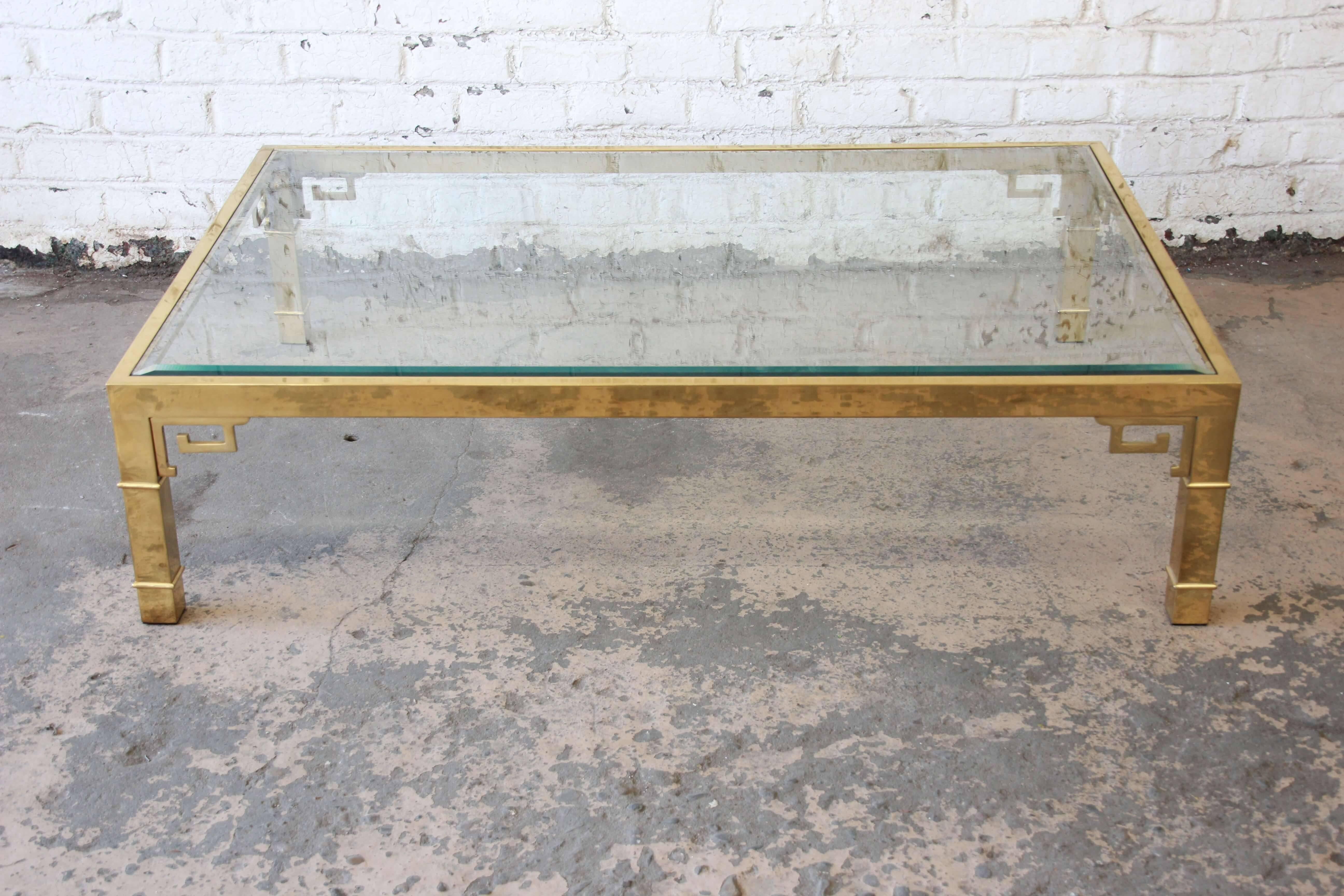 Mastercraft Hollywood Regency Brass and Glass Coffee Table with Greek Key Motif In Good Condition In South Bend, IN