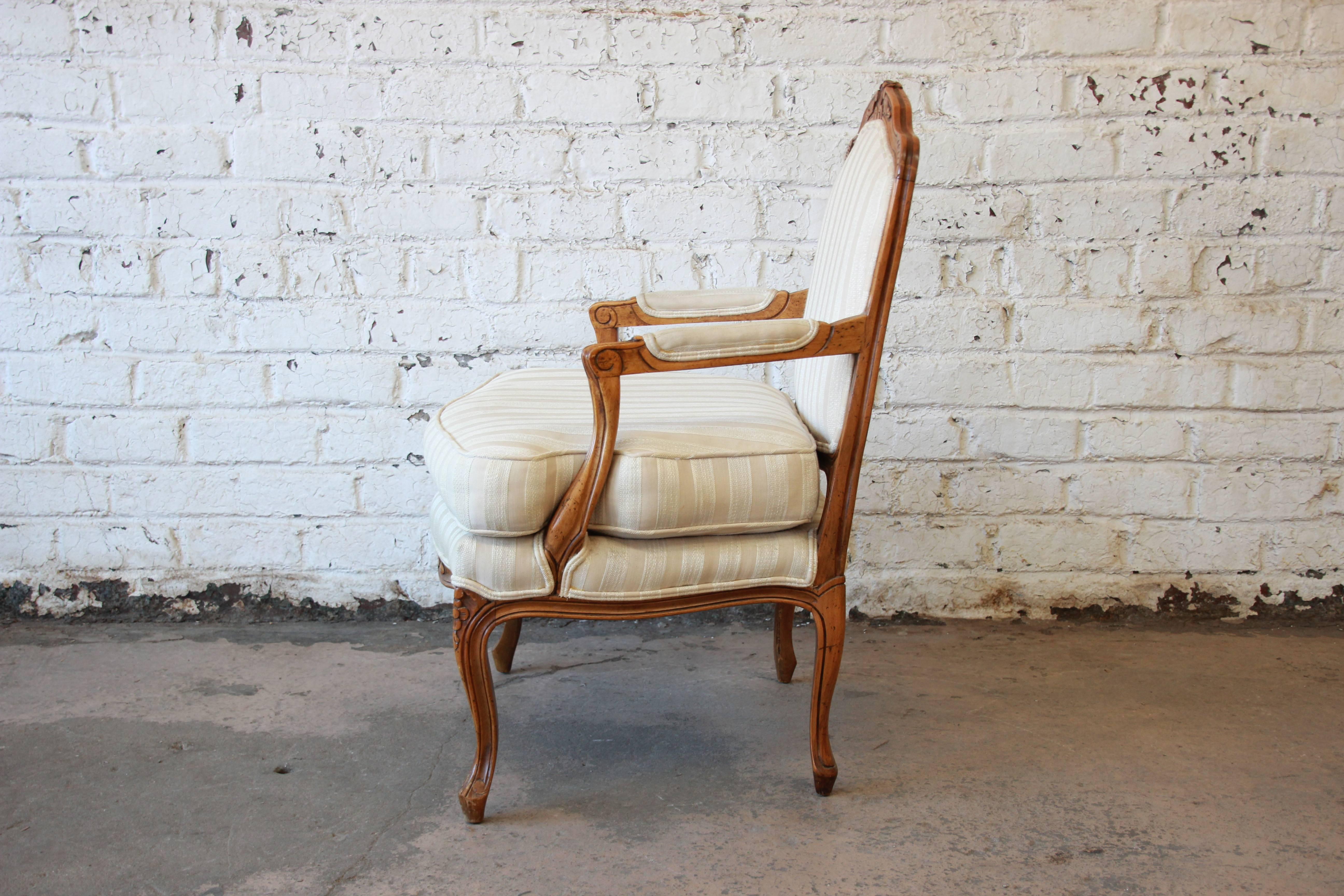 Baker Furniture Louis XVI Carved Ivory Upholstered Armchair In Good Condition In South Bend, IN