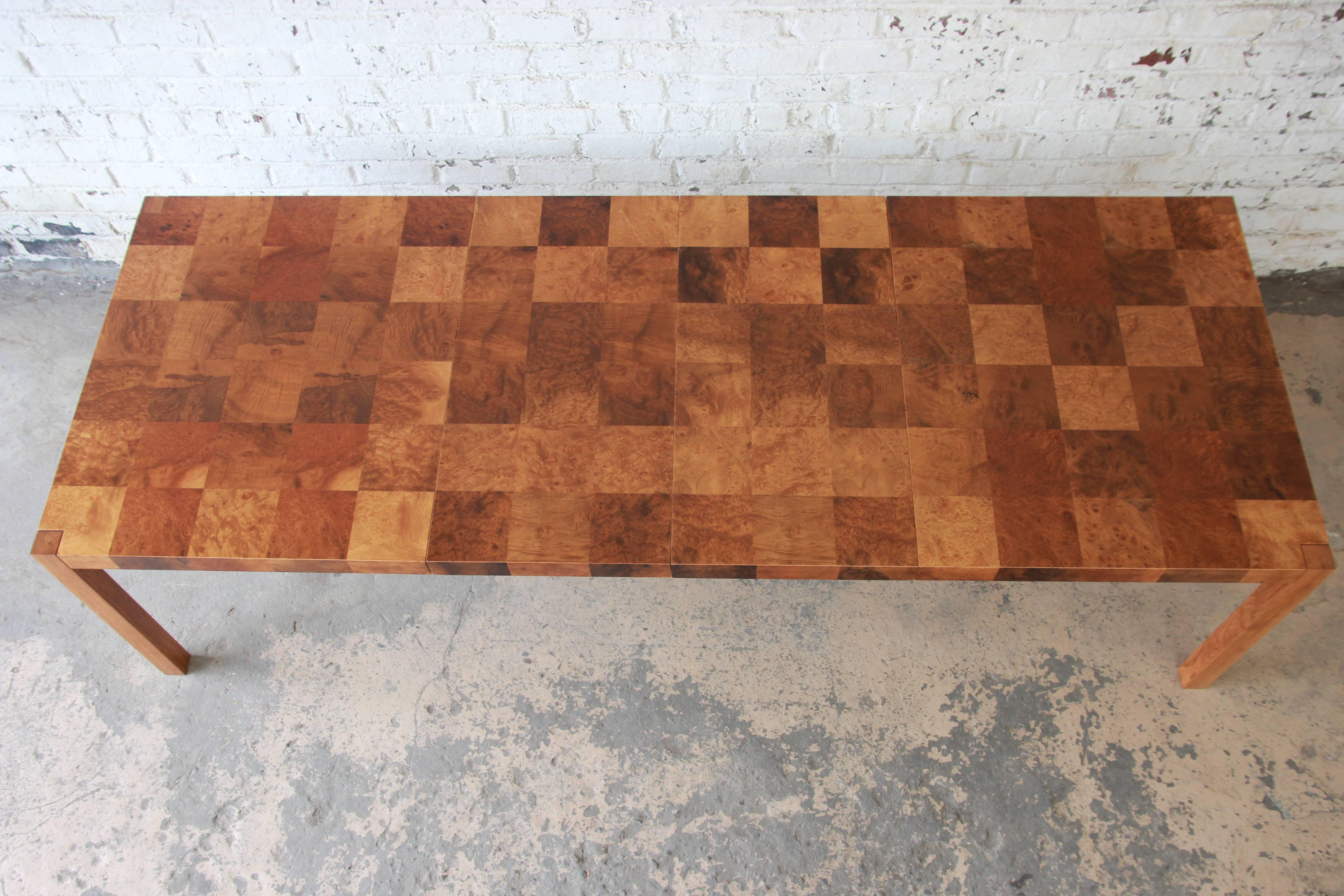 American Milo Baughman Patchwork Burl Wood Parsons Extension Dining Table