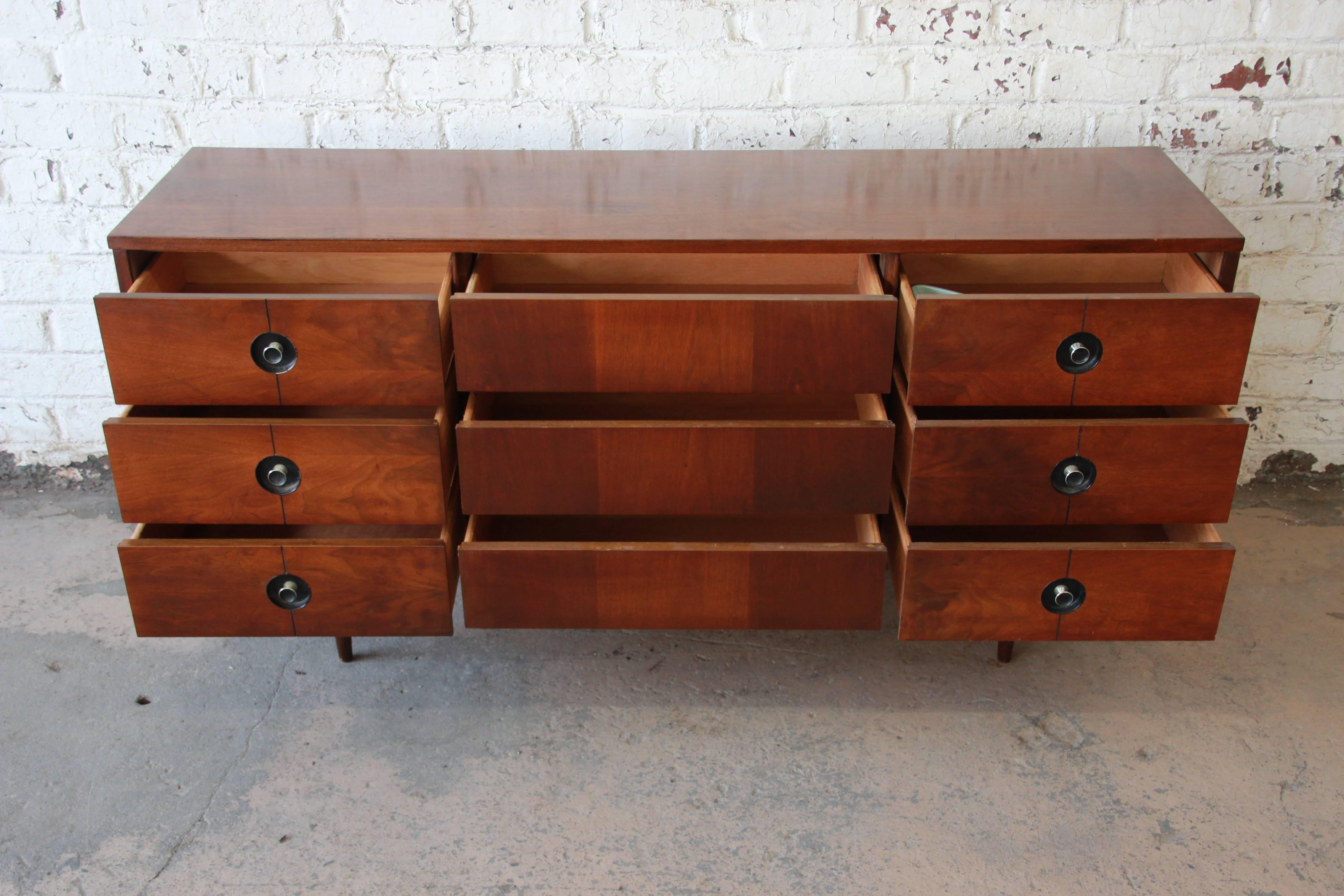 Mid-Century Modern Walnut Triple Dresser or Credenza by Stanley In Good Condition In South Bend, IN