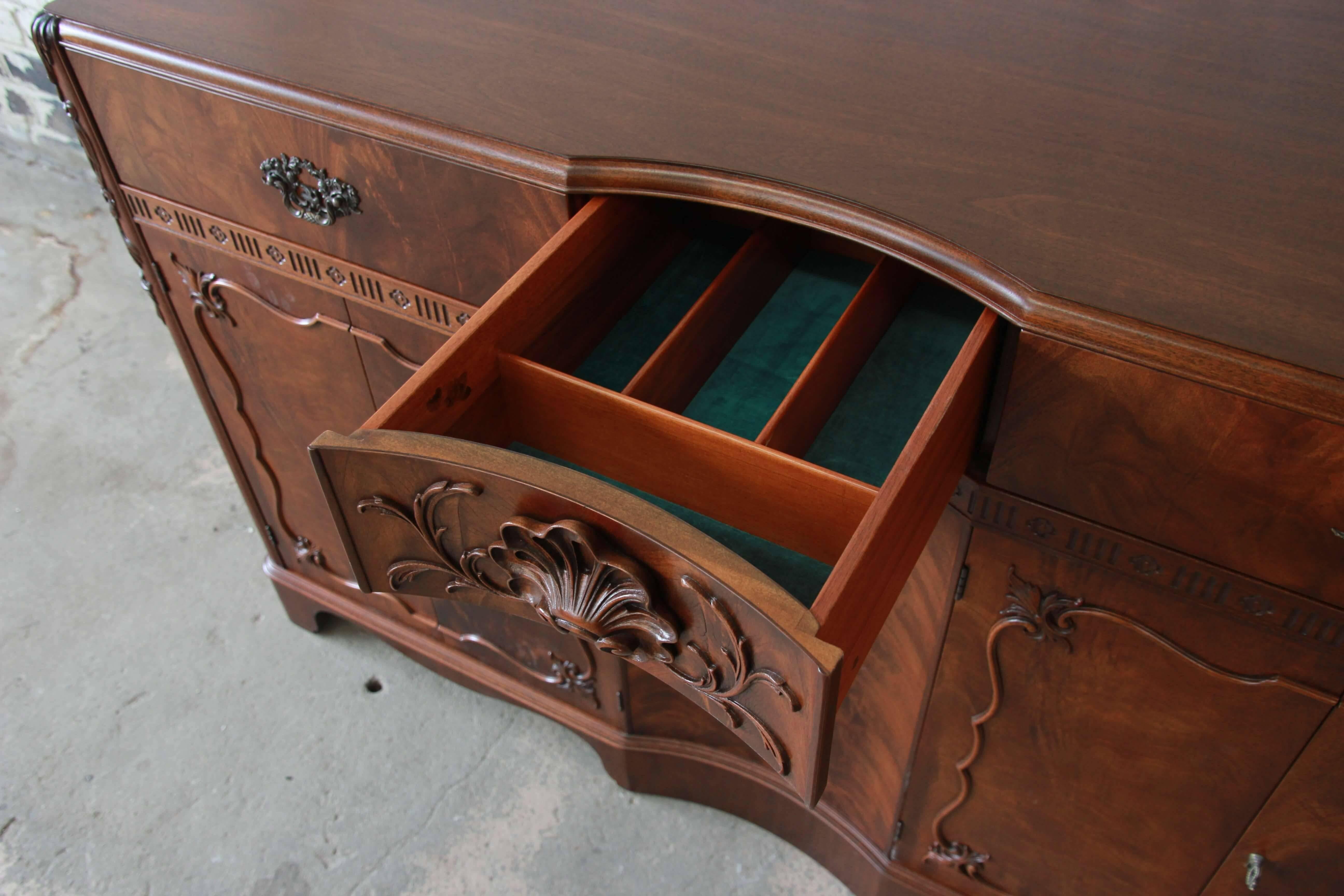 Mid-20th Century Landstrom Furniture French Carved Flamed Walnut Sideboard Buffet