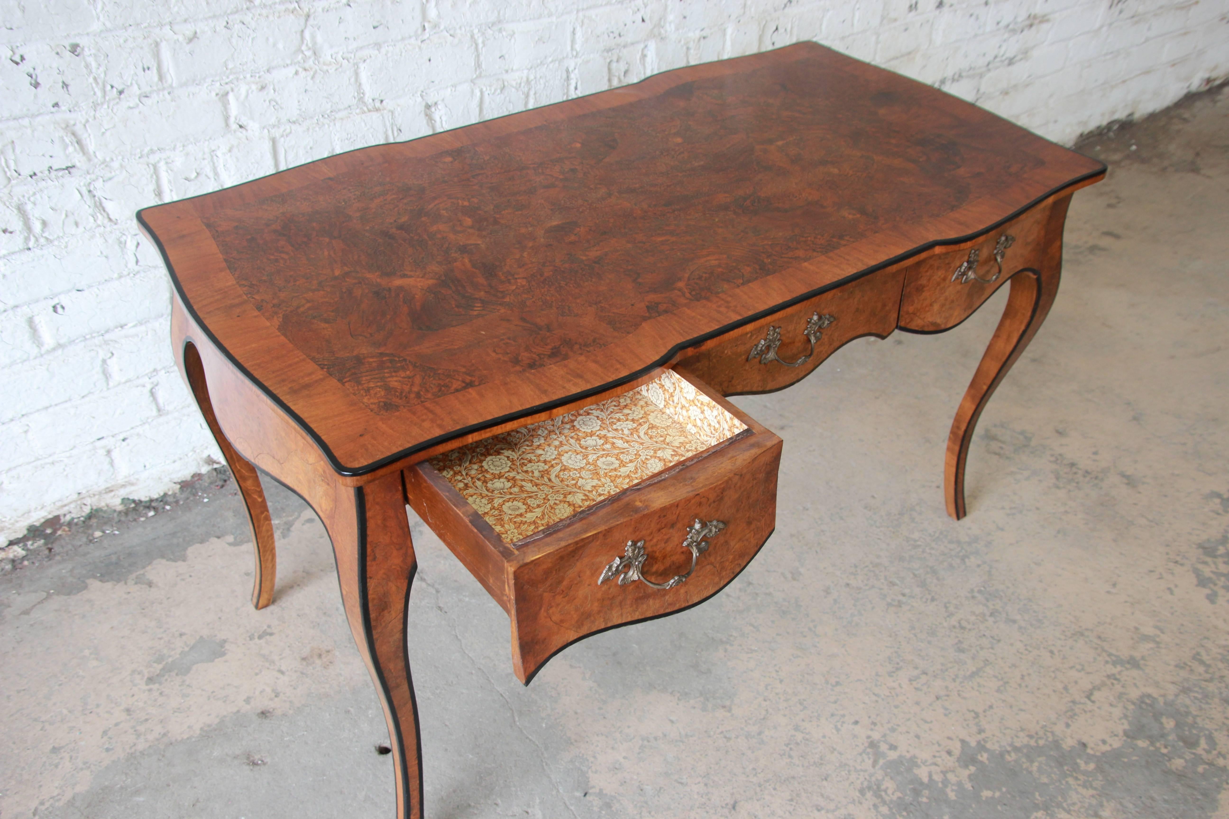 Early 20th Century Antique Italian Burl Wood Writing Desk with Cabriole Legs