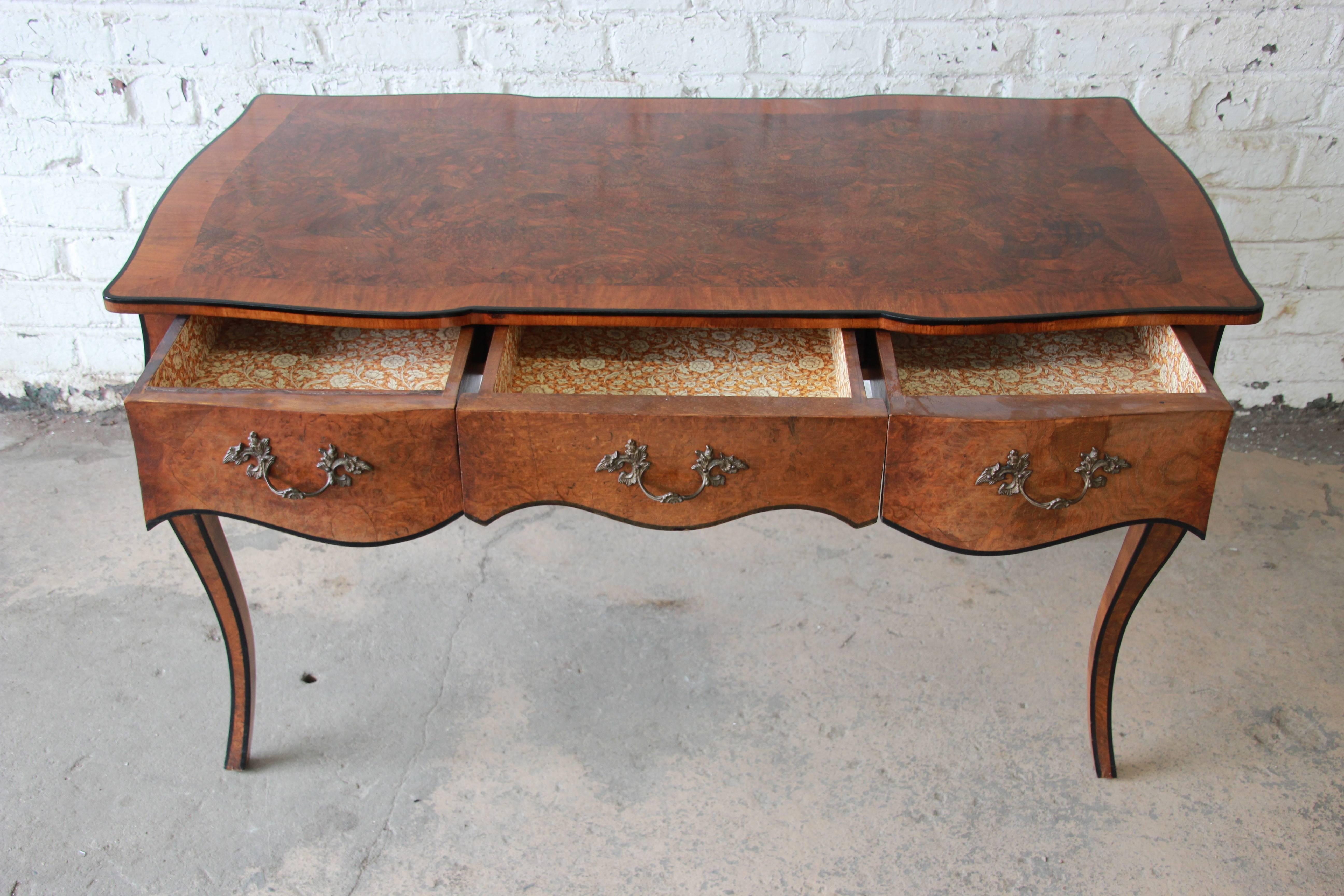 Antique Italian Burl Wood Writing Desk with Cabriole Legs In Good Condition In South Bend, IN