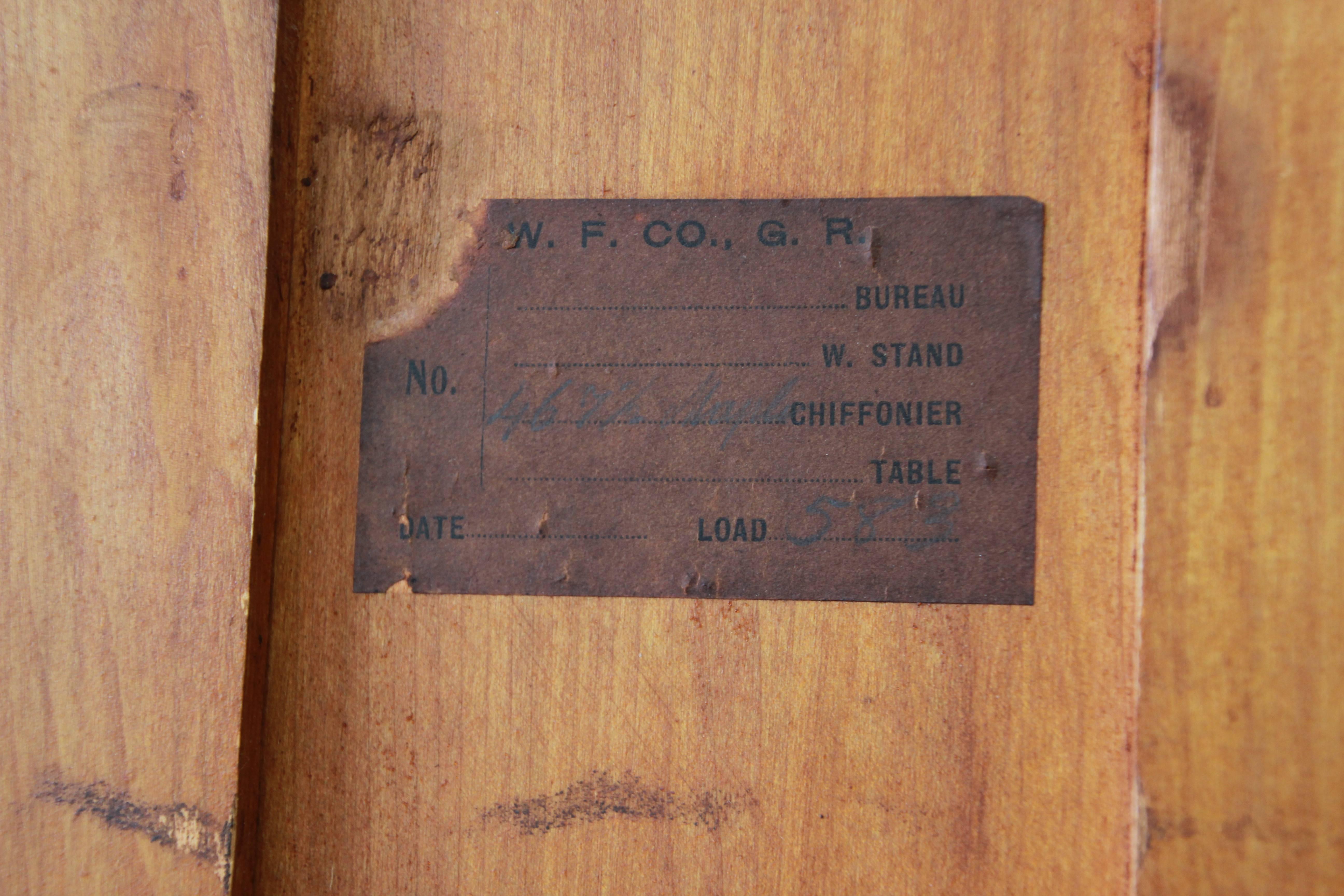 Brass Early Widdicomb Furniture Co. Bird's-Eye Maple Highboy Dresser, circa 1900