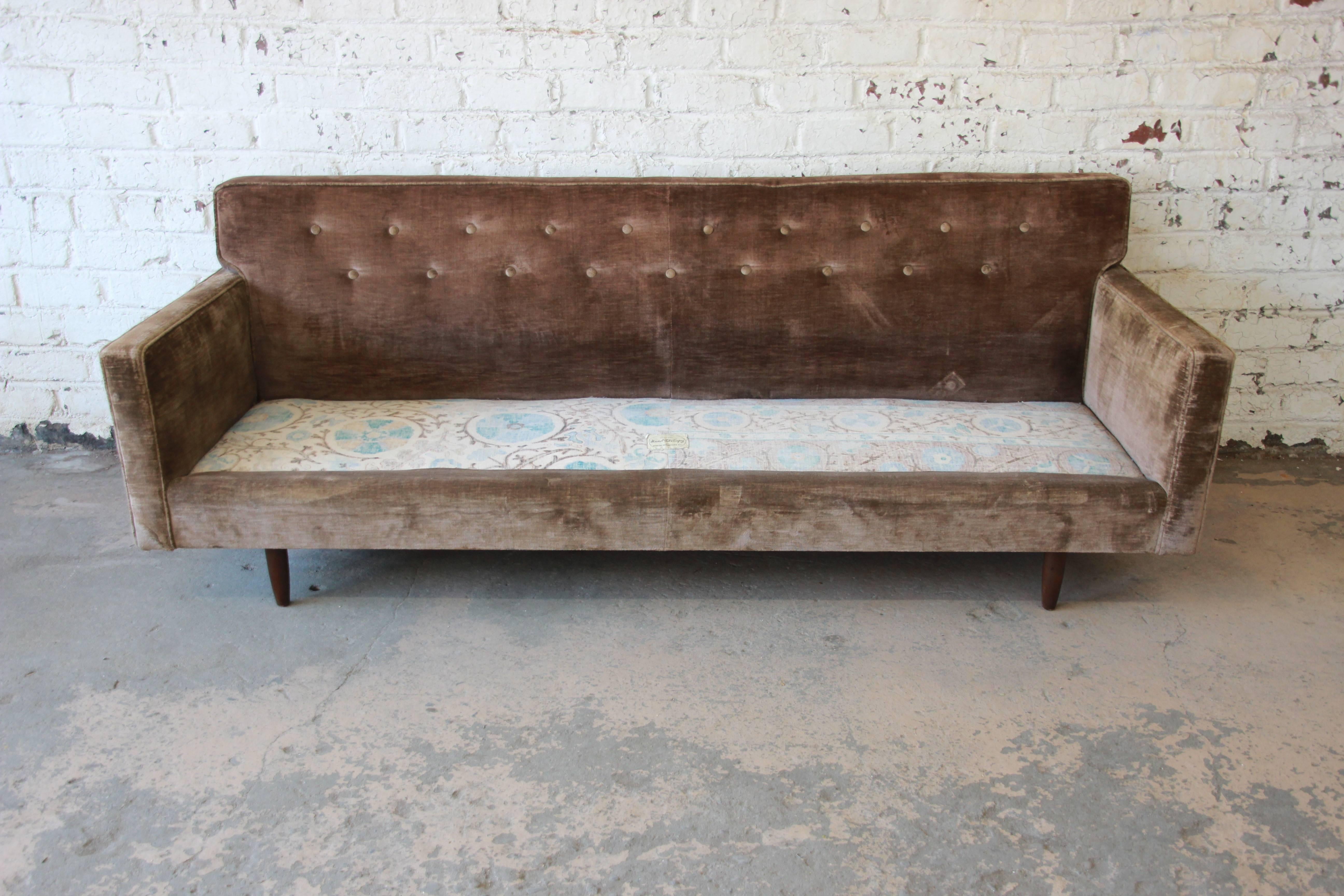 Mid-20th Century Baker Furniture Midcentury Tufted Brown Velvet Sofa