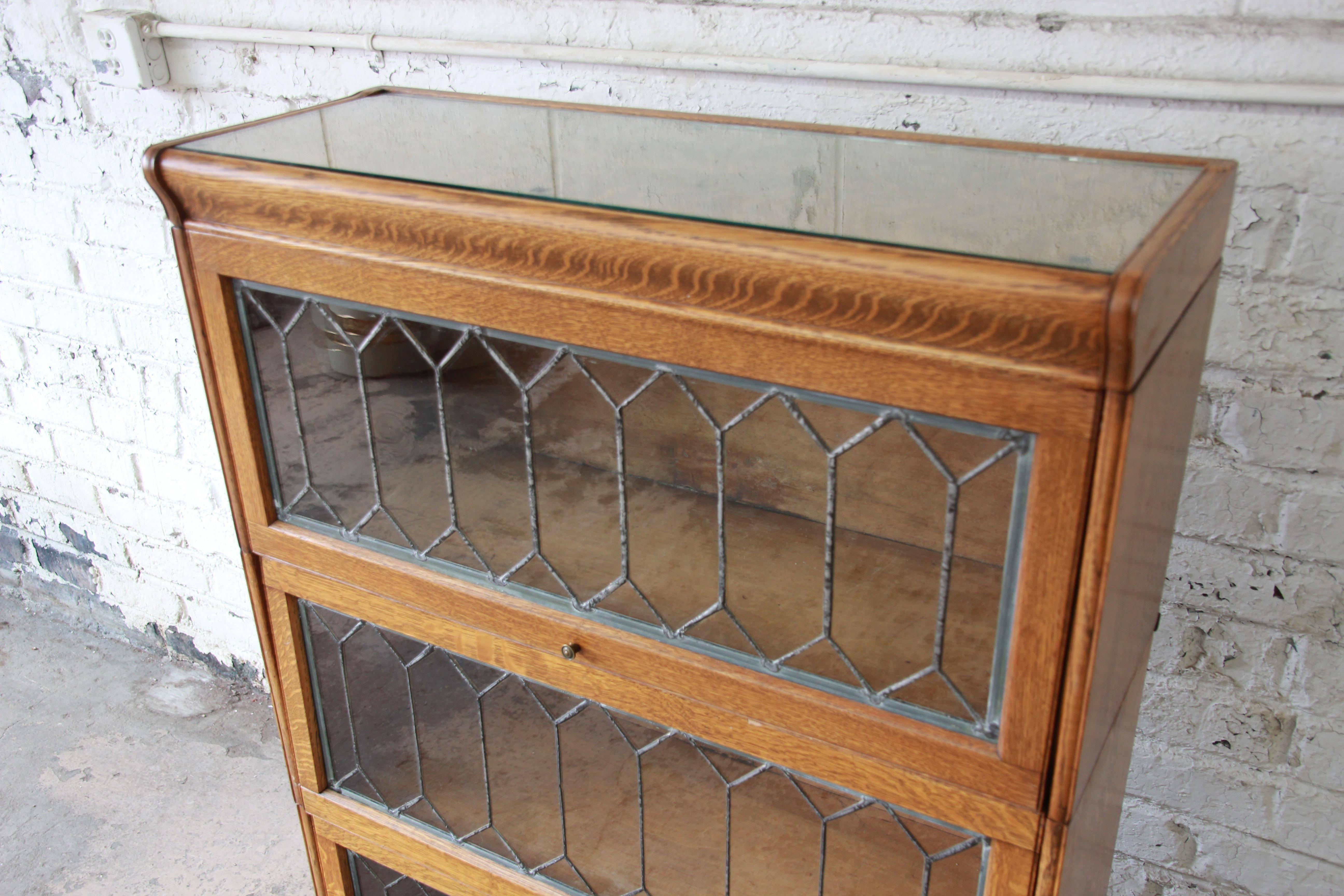Arts and Crafts Antique Tiger Oak Three-Stack Barrister Bookcase with Leaded Glass Doors