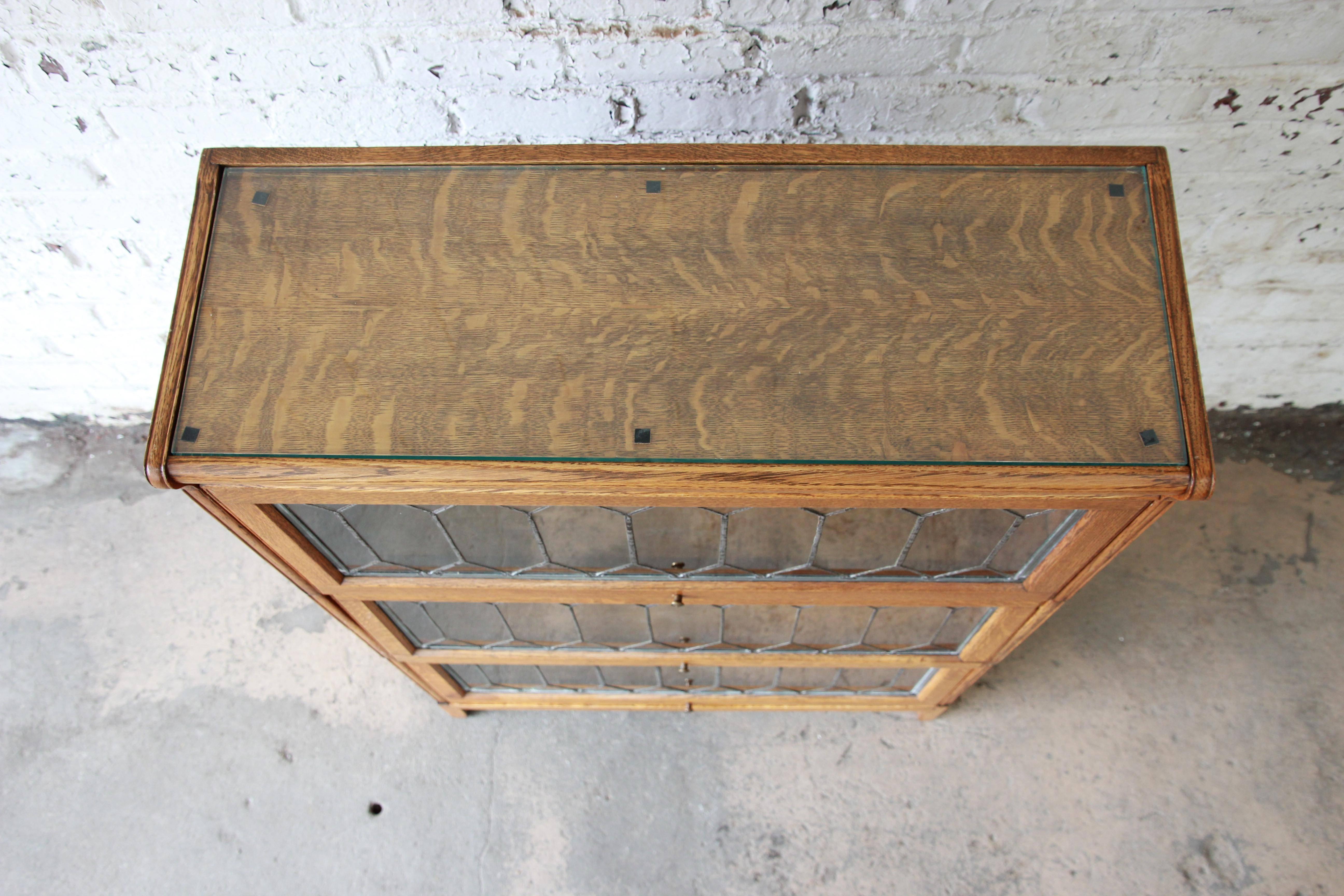 Antique Tiger Oak Three-Stack Barrister Bookcase with Leaded Glass Doors 1