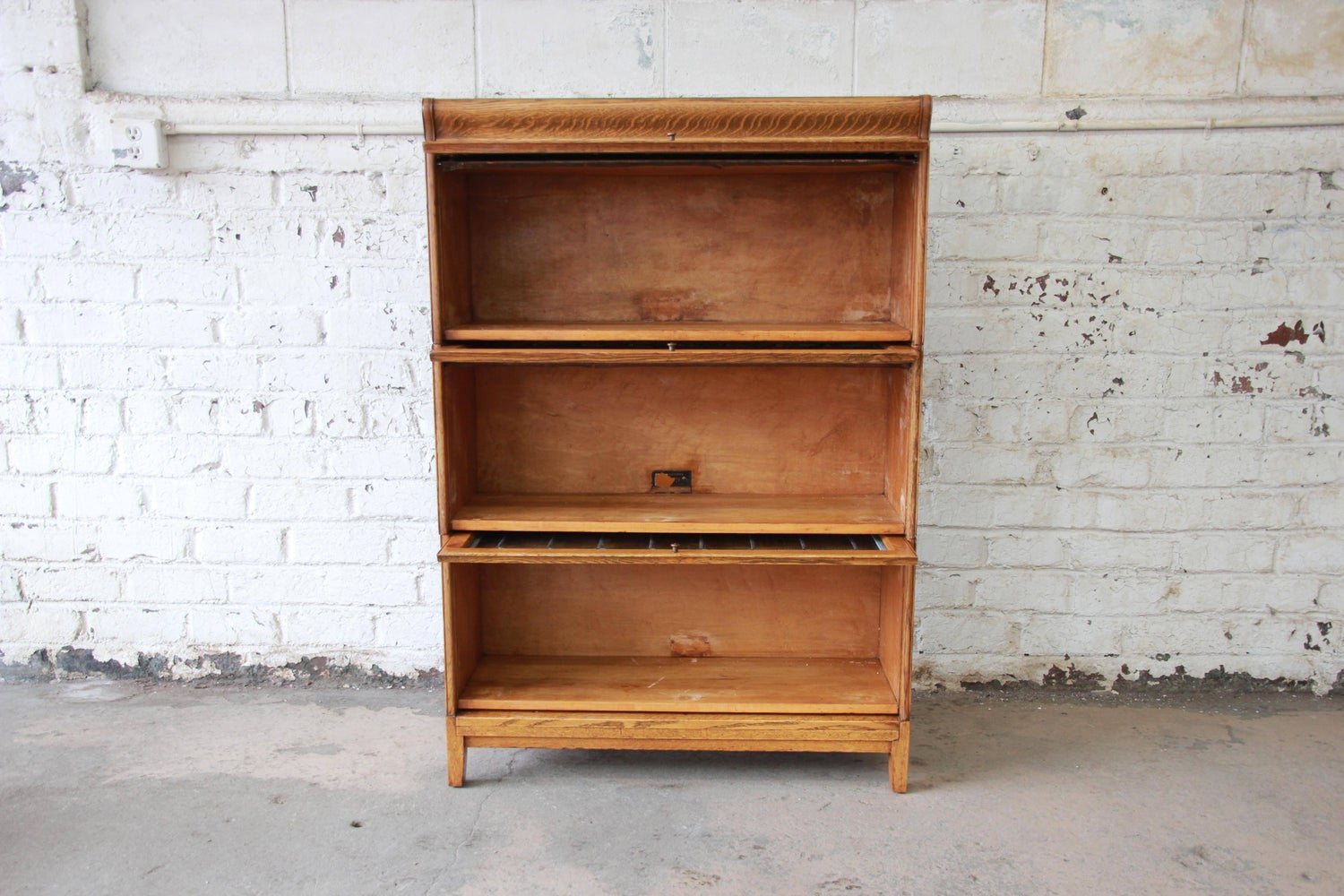 Antique Tiger Oak Three Stack Barrister Bookcase With Leaded Glass