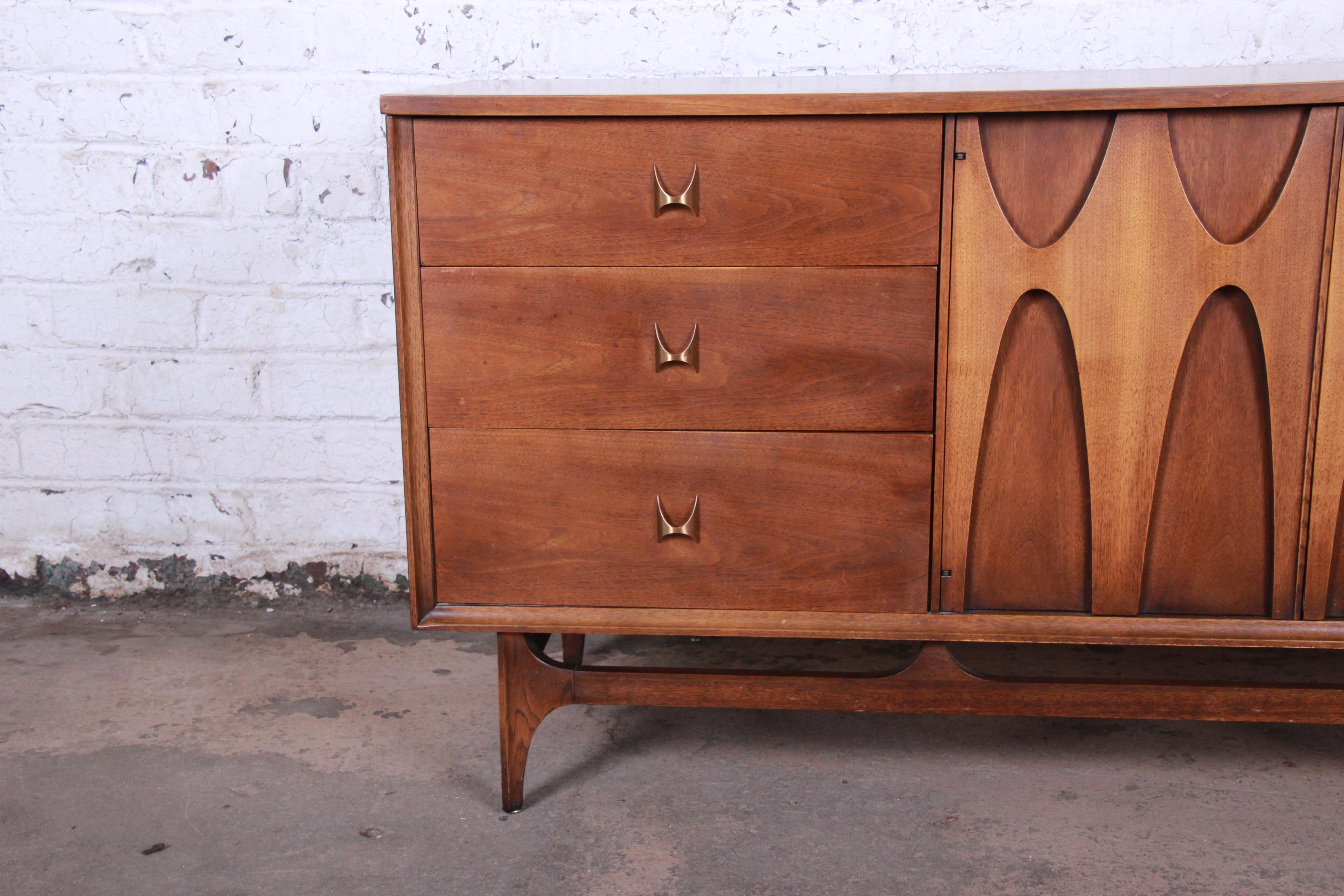 Broyhill Brasilia Sculpted Walnut Triple Dresser Or Credenza