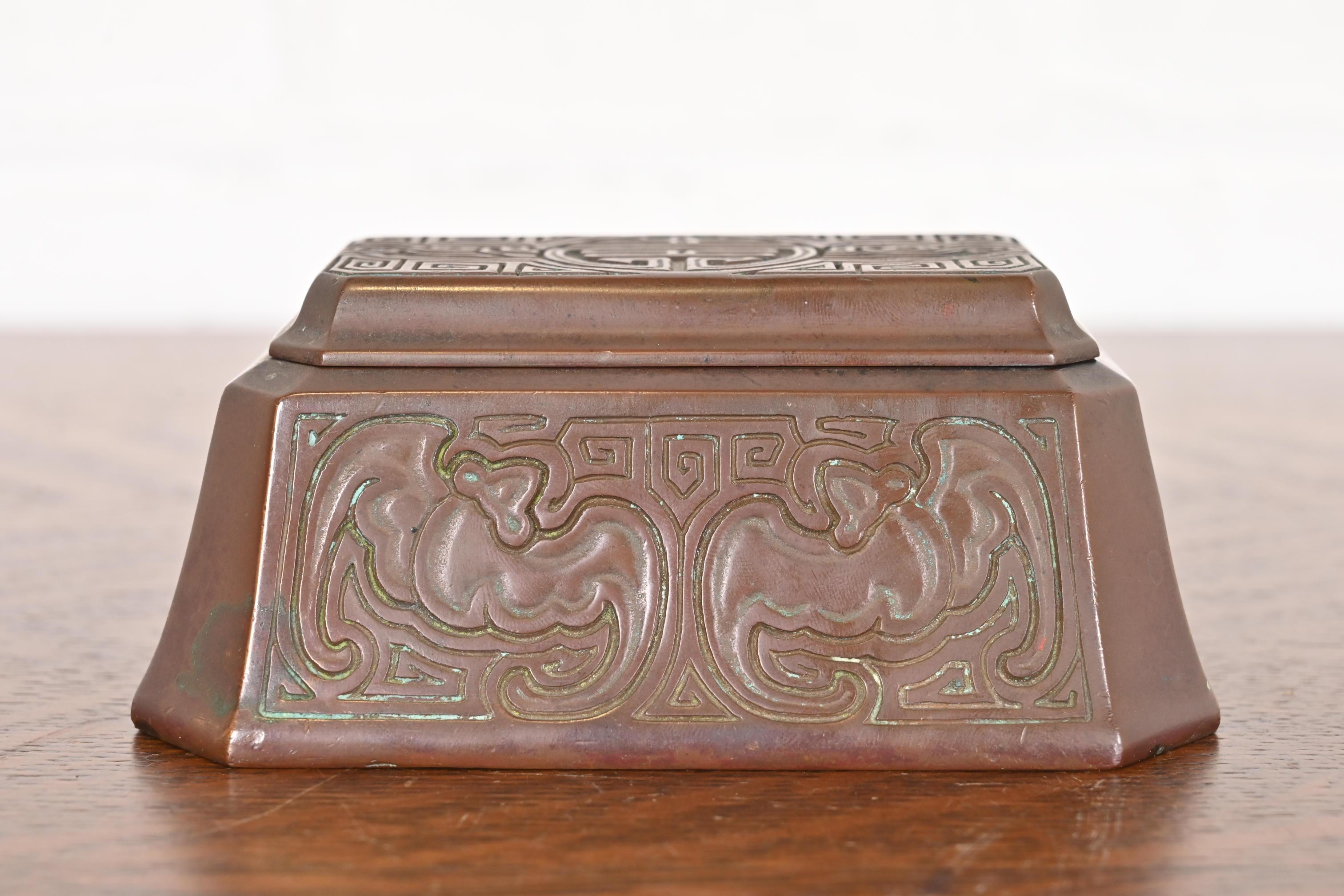 American Tiffany Studios New York Chinese Pattern Bronze Stamp Box For Sale