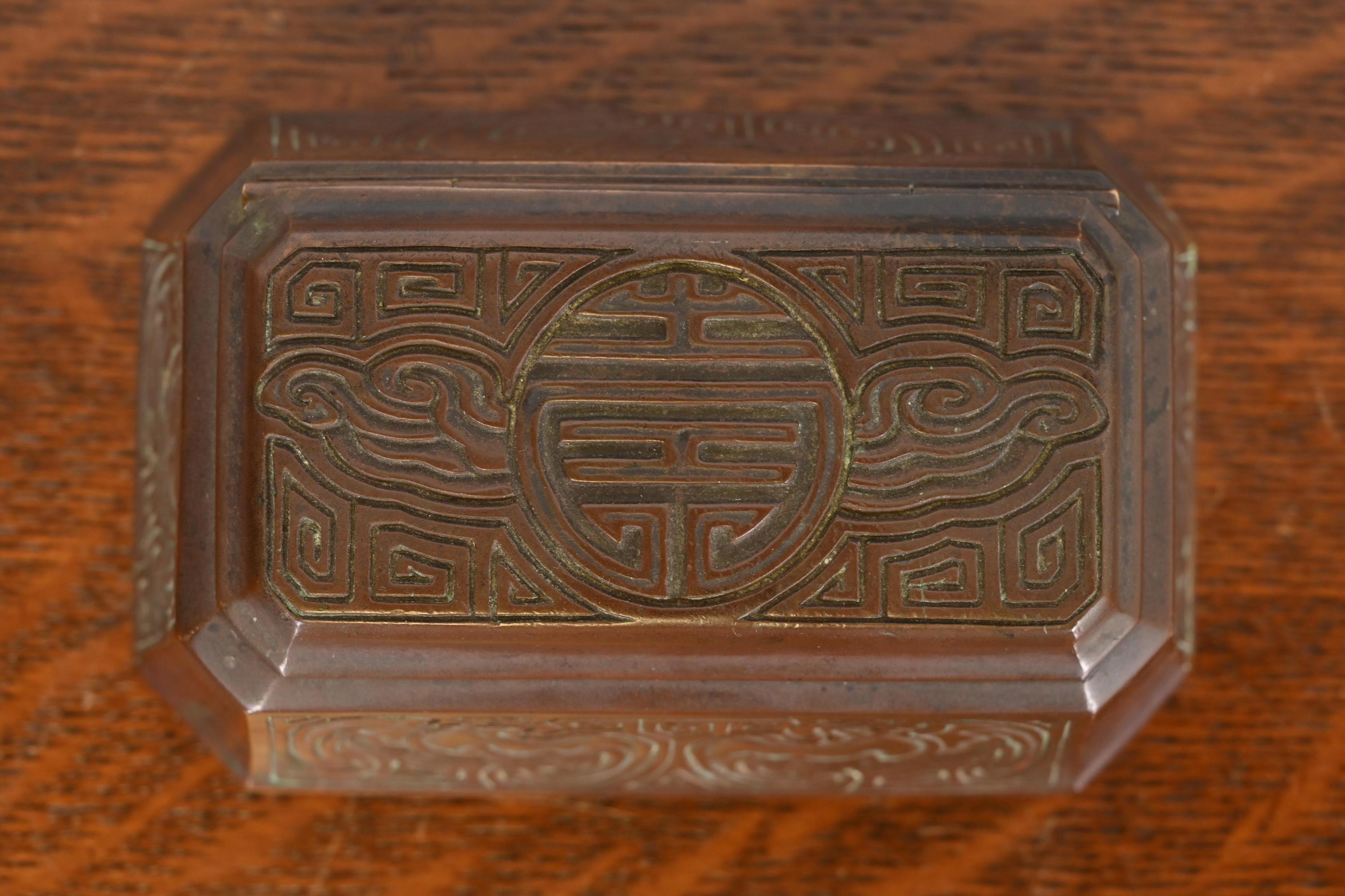 20th Century Tiffany Studios New York Chinese Pattern Bronze Stamp Box For Sale