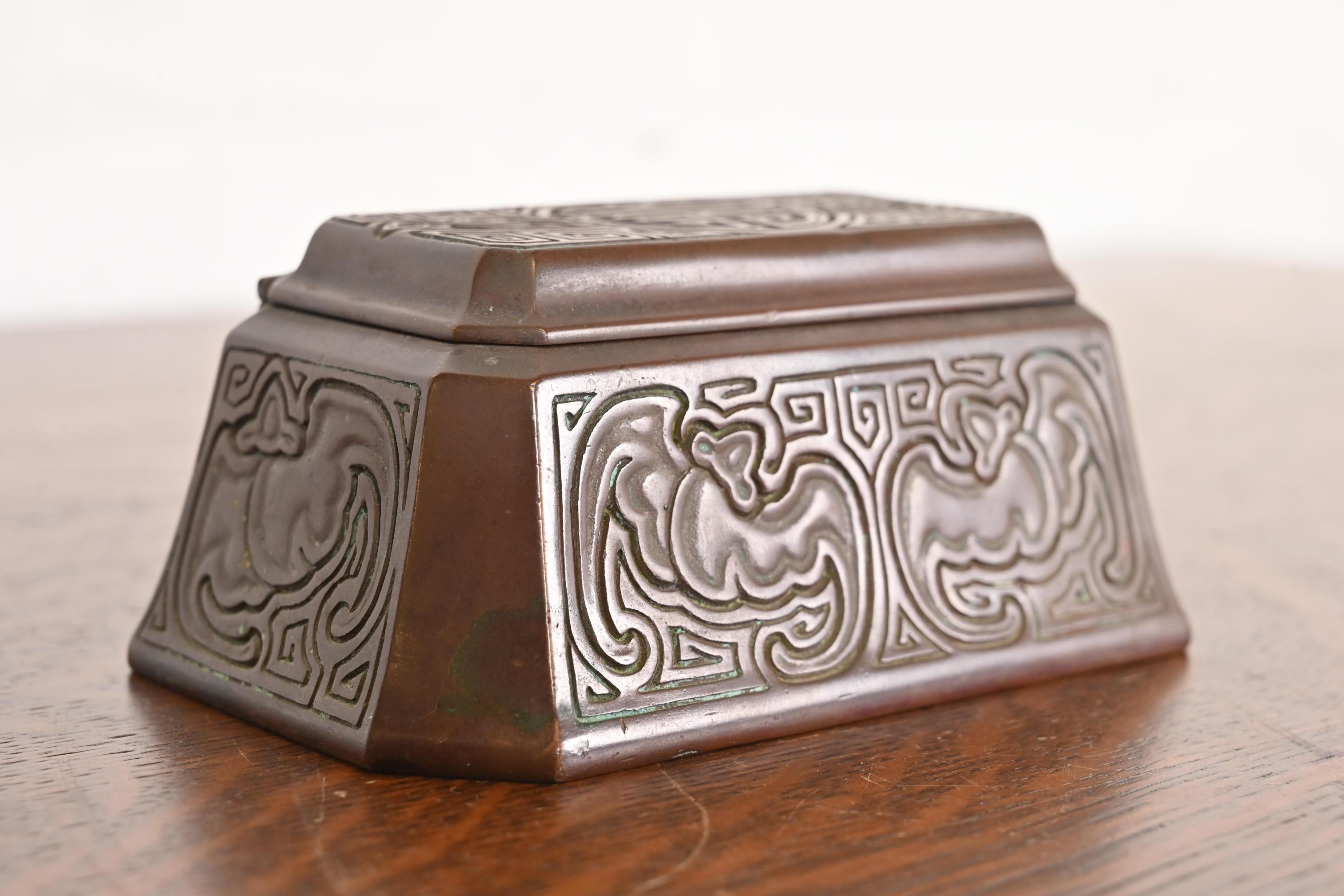 Tiffany Studios New York Chinese Pattern Bronze Stamp Box In Good Condition For Sale In South Bend, IN