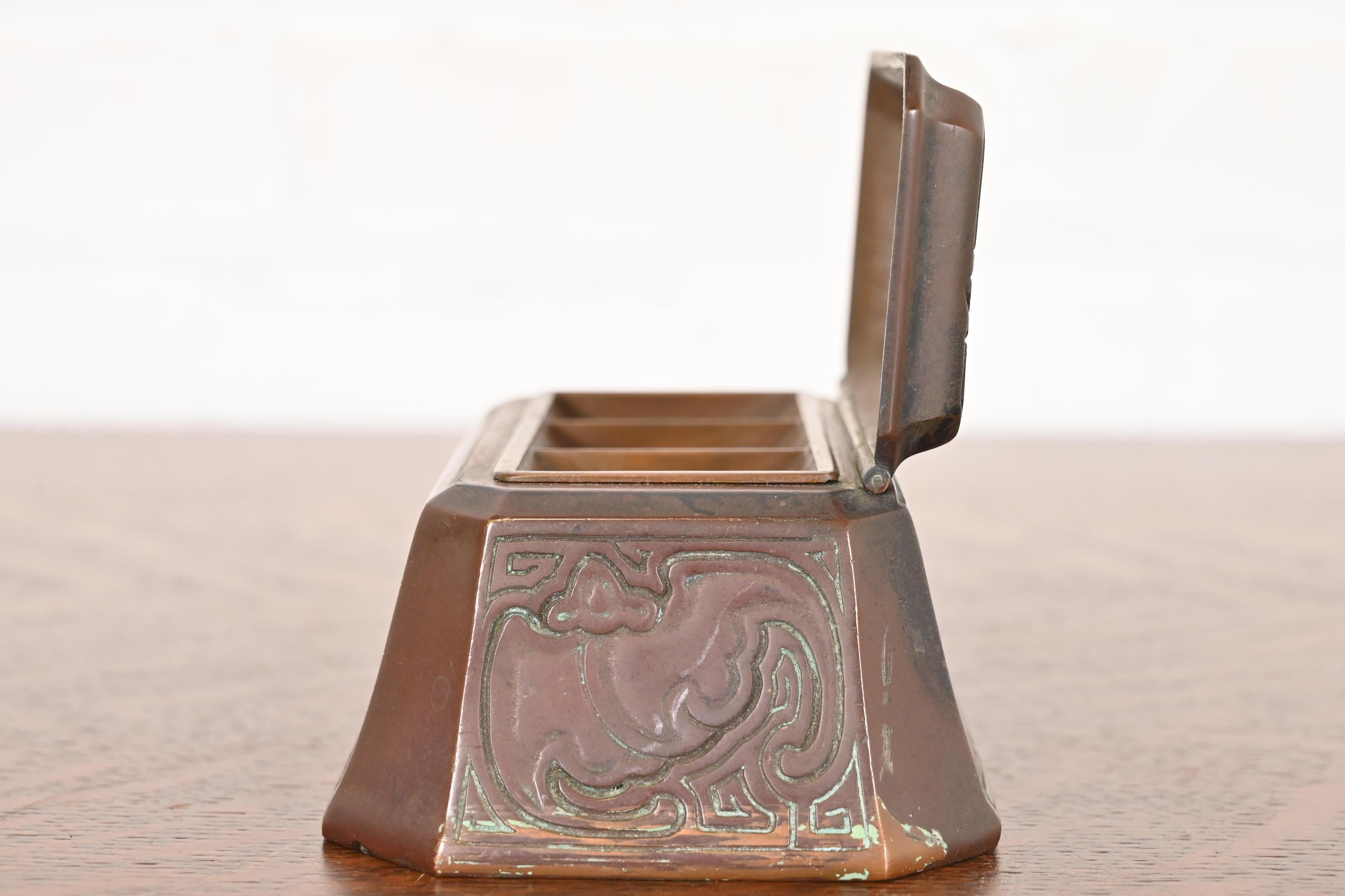 Tiffany Studios New York Chinese Pattern Bronze Stamp Box For Sale 2