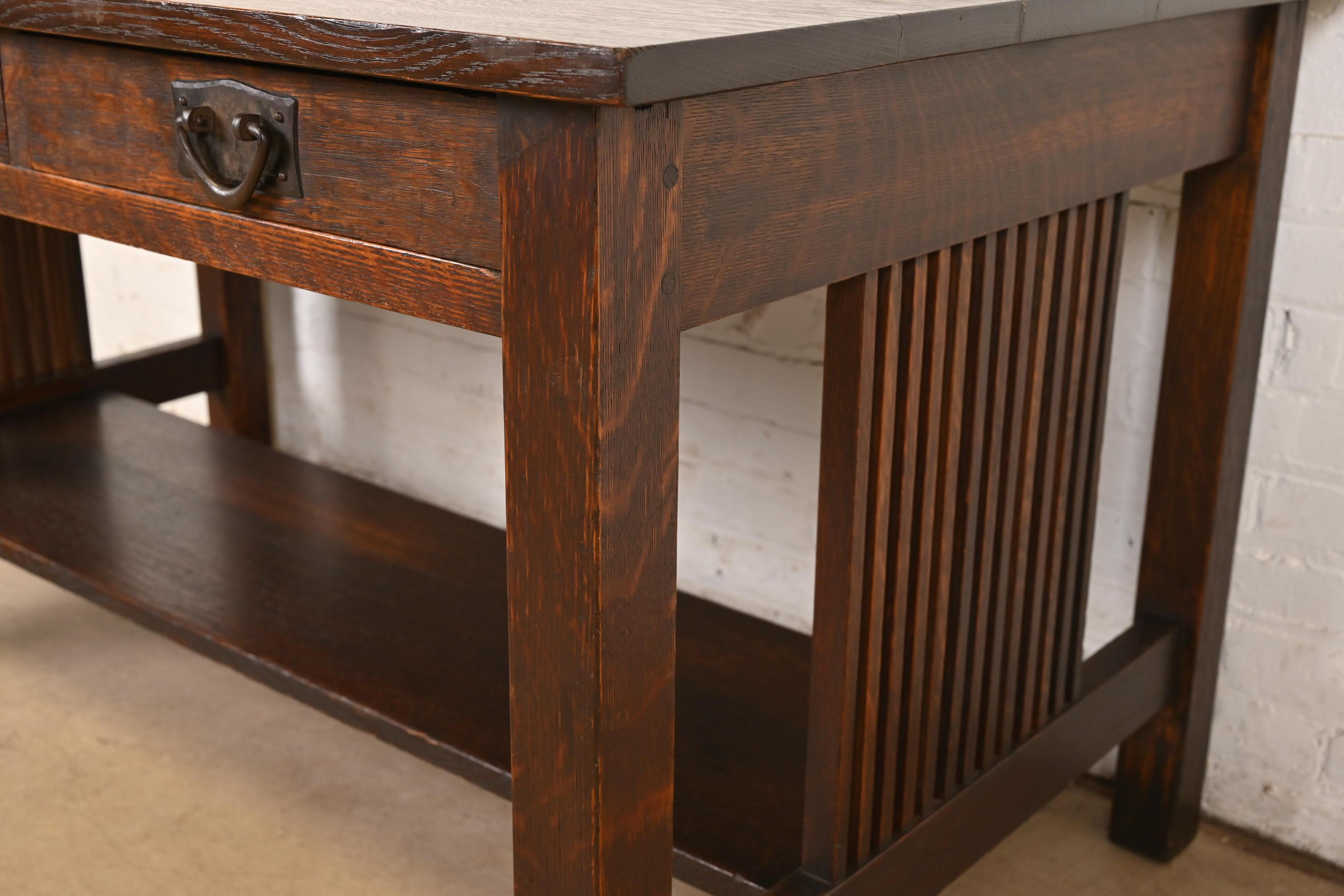 Copper Gustav Stickley Mission Oak Arts & Crafts Spindle Writing Desk or Library Table For Sale
