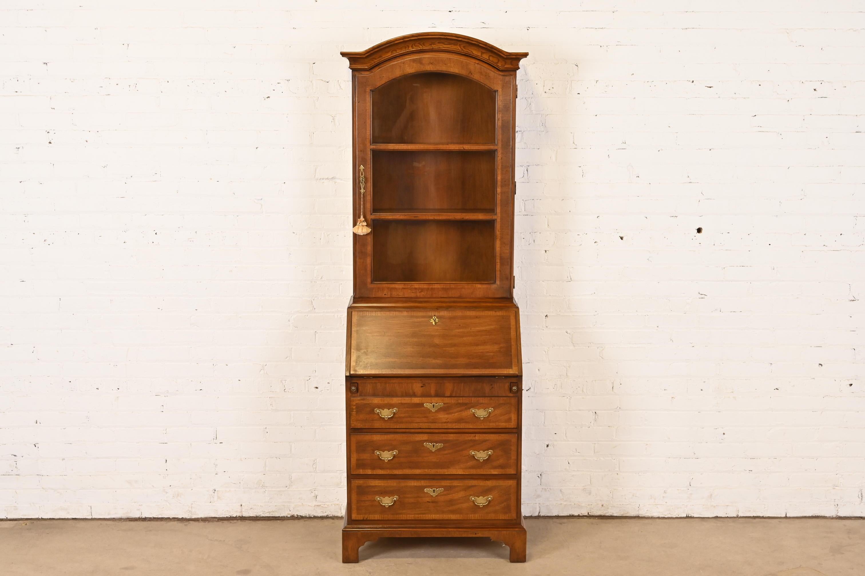 American Henredon Georgian Banded Oak Drop Front Secretary Desk With Bookcase Hutch For Sale