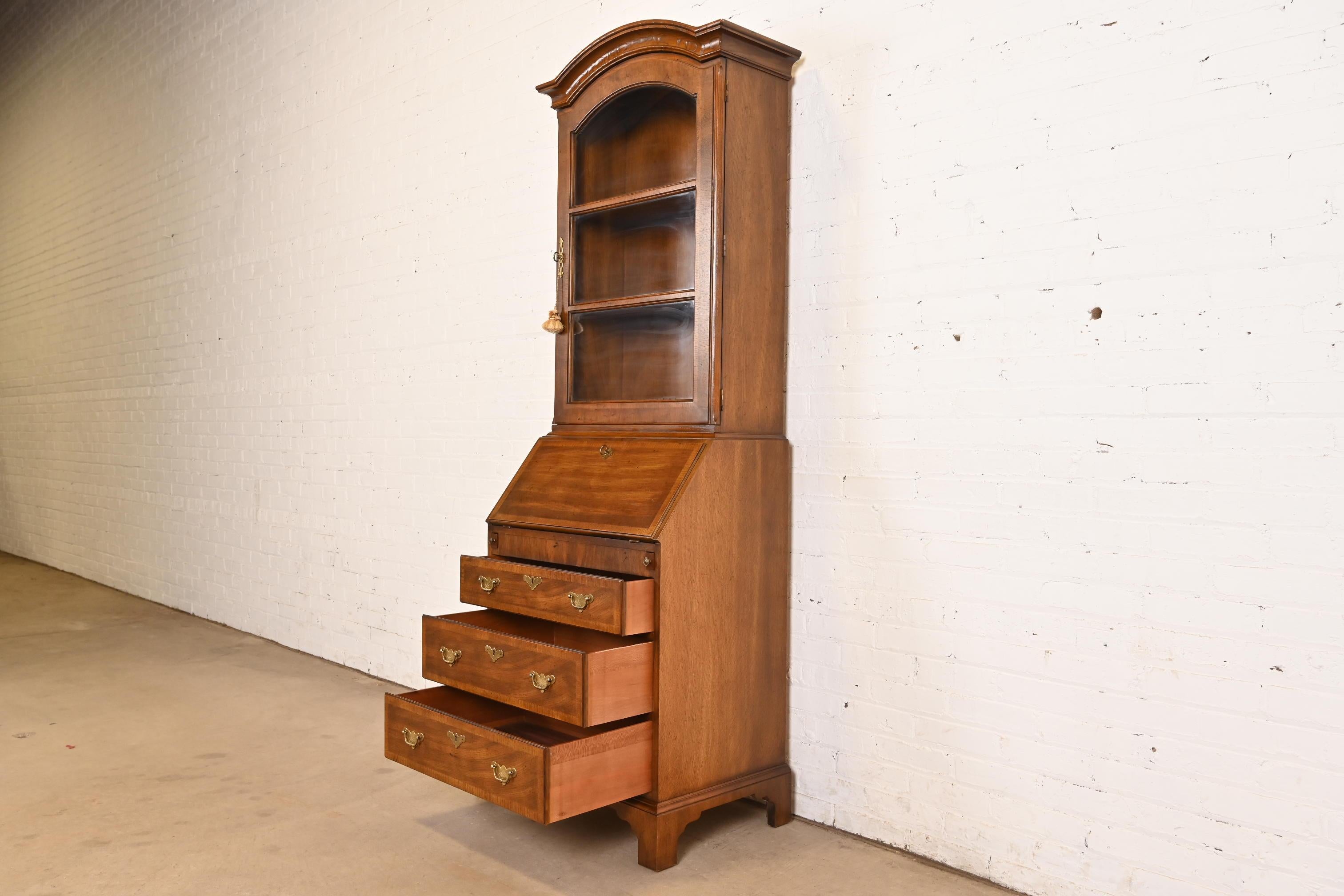Brass Henredon Georgian Banded Oak Drop Front Secretary Desk With Bookcase Hutch For Sale