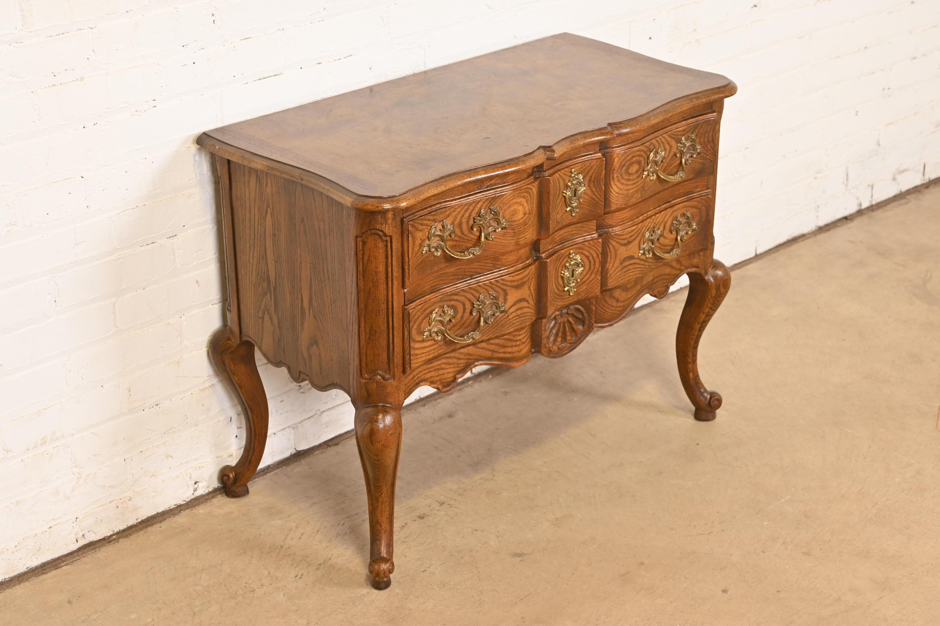 Mid-20th Century Baker Furniture French Provincial Louis XV Carved Oak and Burl Wood Commode For Sale