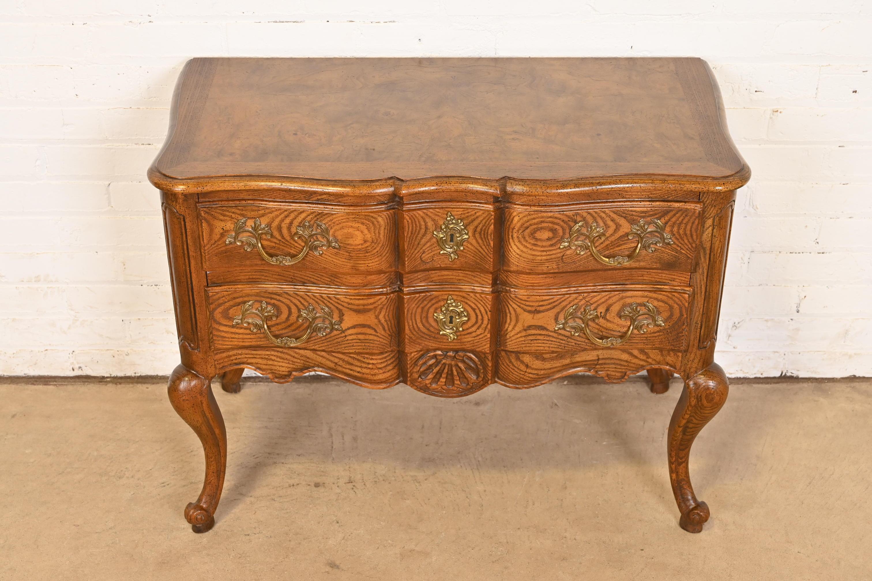 American Baker Furniture French Provincial Louis XV Carved Oak and Burl Wood Commode For Sale