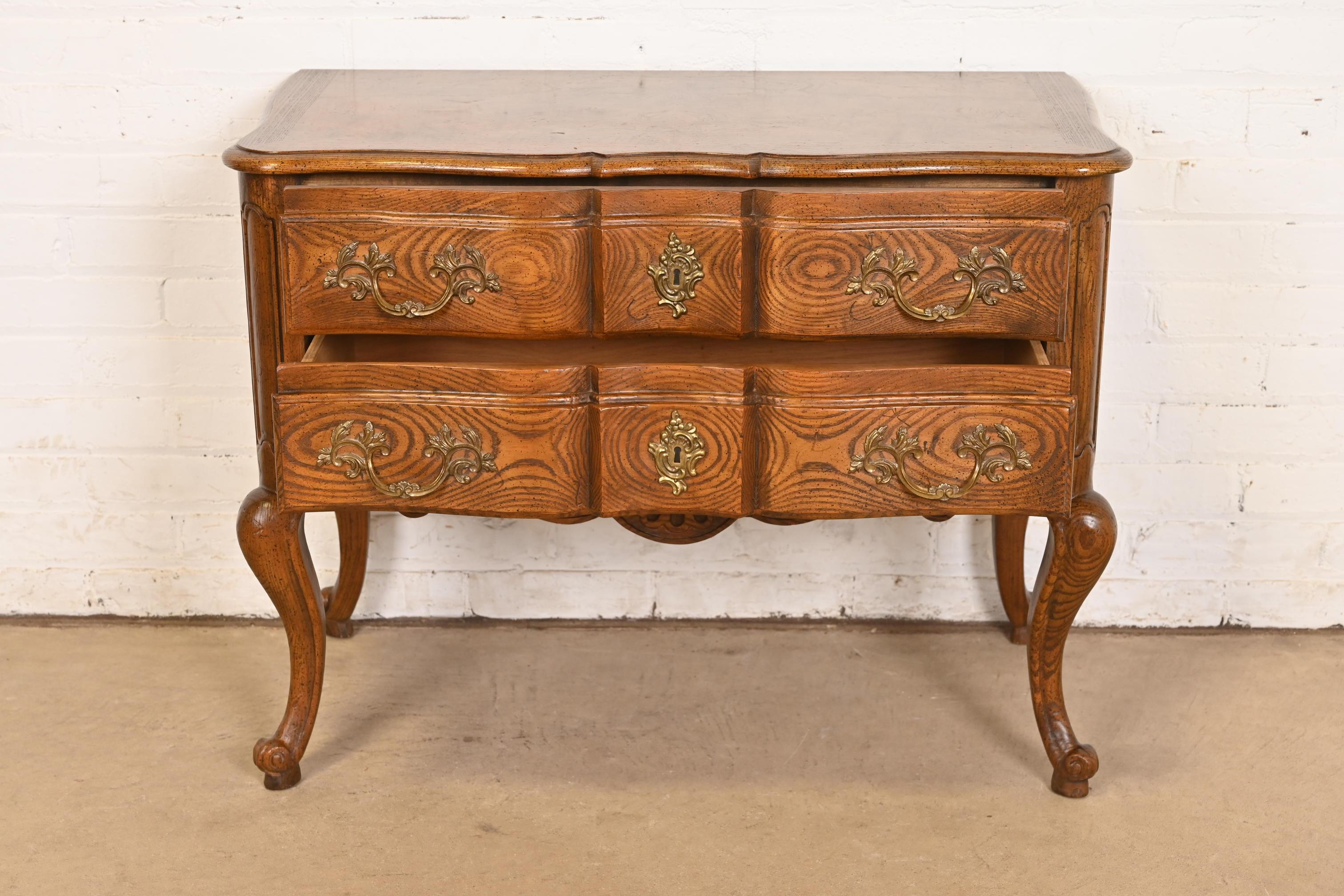 Brass Baker Furniture French Provincial Louis XV Carved Oak and Burl Wood Commode For Sale