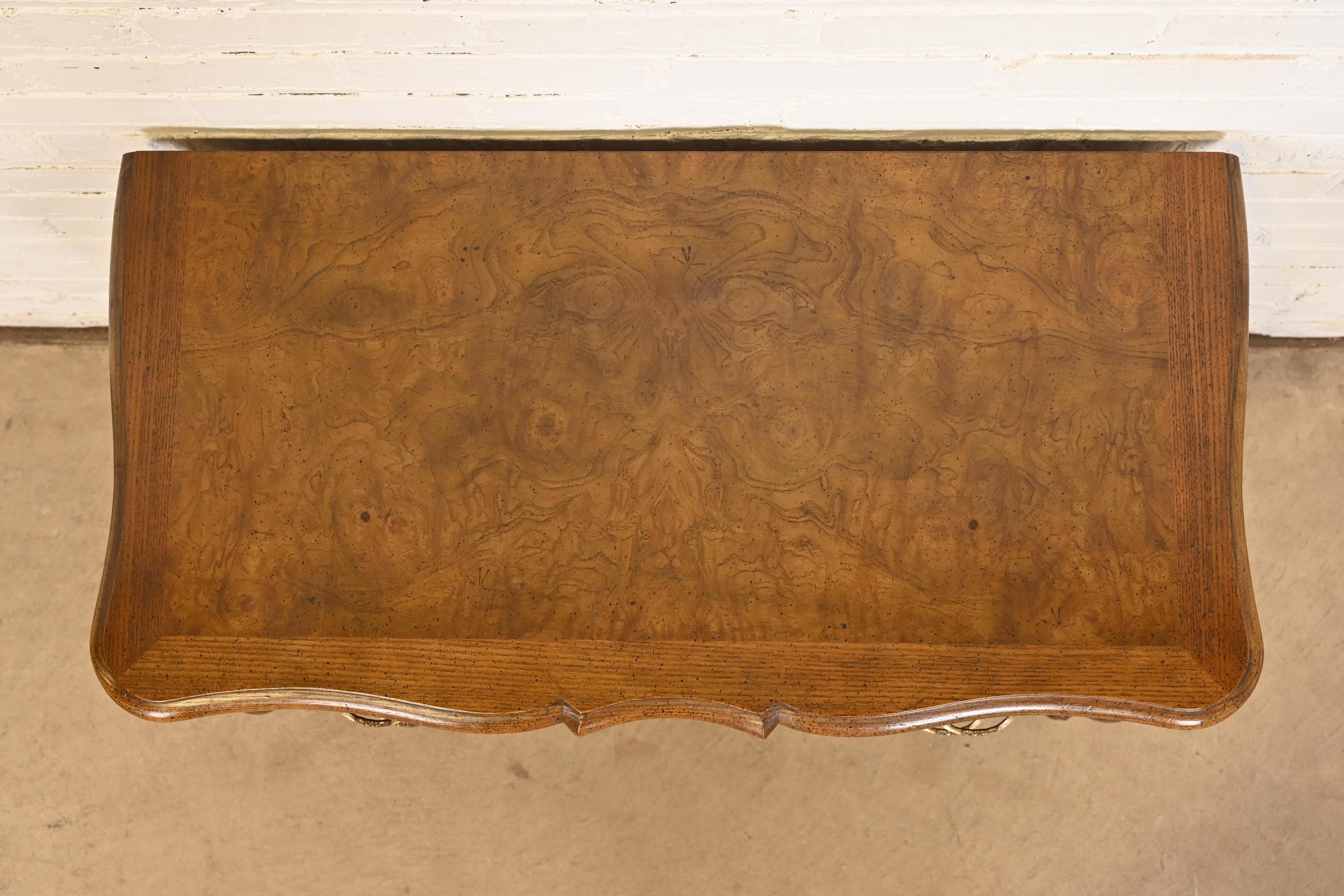 Baker Furniture French Provincial Louis XV Carved Oak and Burl Wood Commode For Sale 4