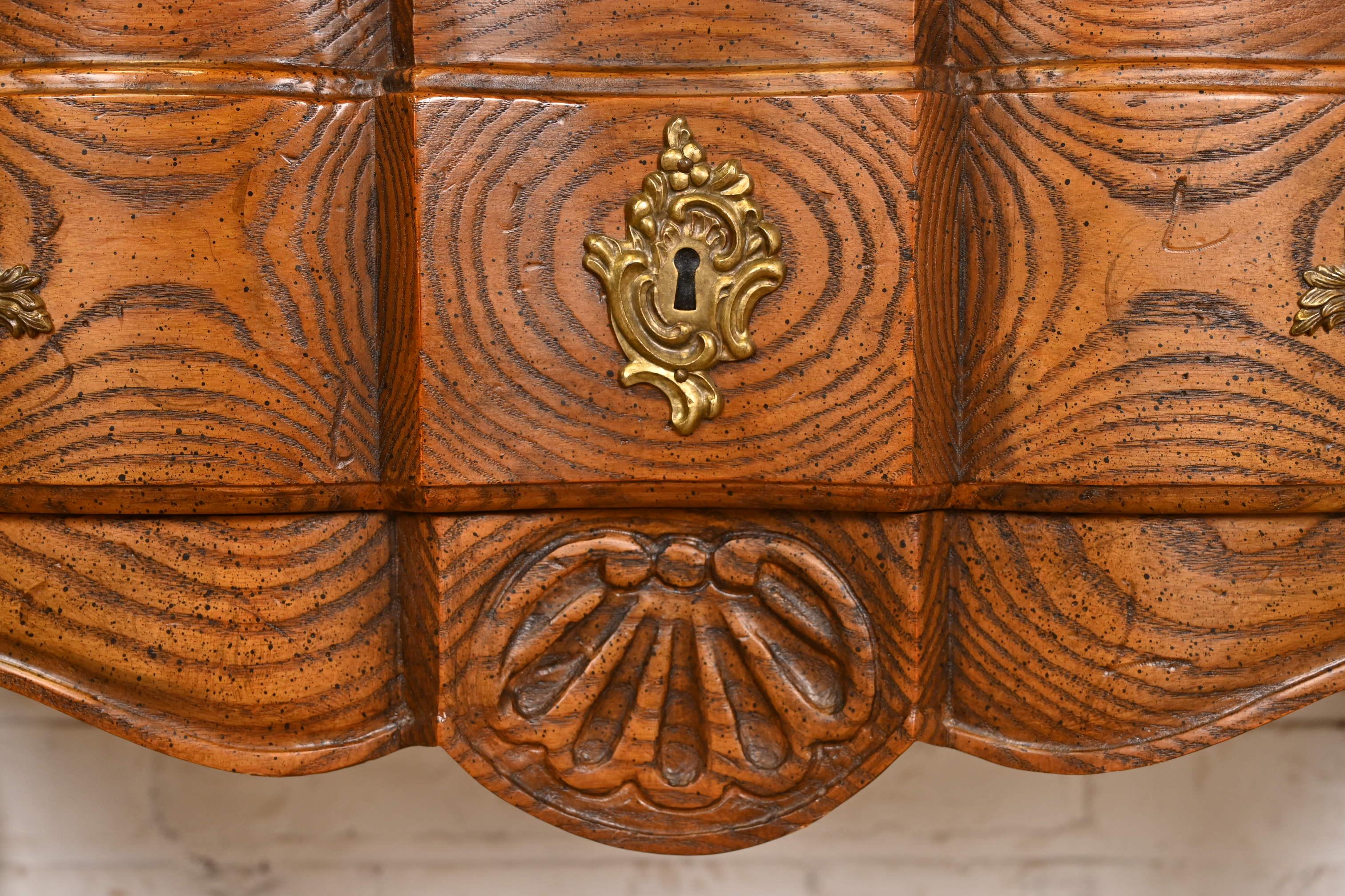 Baker Furniture French Provincial Louis XV Carved Oak and Burl Wood Commode For Sale 2