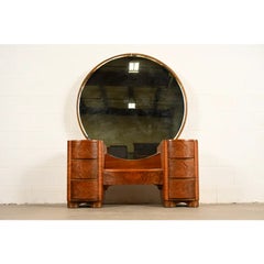 Donald Deskey Style Art Deco Burl Wood Vanity Dresser With Mirror, Circa 1930s