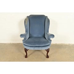 Kindel Furniture Chippendale Mahogany Velvet Upholstered Wingback Lounge Chair