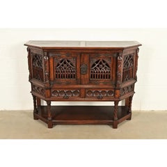 Antique French Gothic Revival Oak Bar Cabinet With Carved Figures, Circa 1890s