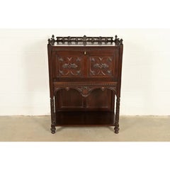 Antique English Victorian Carved Walnut Drop Front Secretary Desk  Circa 1880s