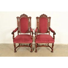 R. J. Horner Style Antique Renaissance Revival Carved Walnut Armchairs  Pair