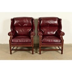 Hancock & Moore Chippendale Wingback Leather Lounge Chairs  Pair
