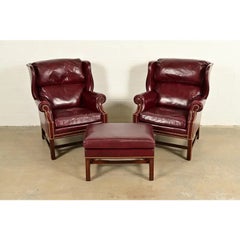 Hancock & Moore Chippendale Wingback Leather Lounge Chairs With Ottoman