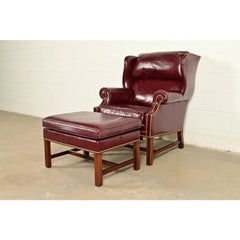 Hancock & Moore Chippendale Wingback Leather Lounge Chair With Ottoman