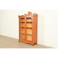 Antique Victorian Carved Oak Two-Door Bookcase Cabinet Circa 1920s