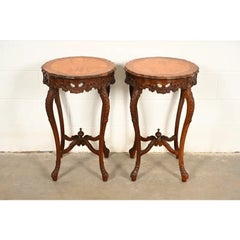 Romweber Style French Provincial Louis XV Carved Walnut Side Tables, Pair