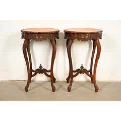 Romweber Style French Provincial Louis XV Carved Walnut Side Tables, Pair
