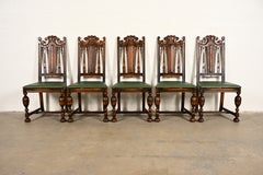 Berkey & Gay Antique English Jacobean Carved Walnut Dining Chairs, Set of Five