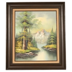 Peinture à l'huile originale signée représentant un paysage de montagne au bord d'un lac, dans le style de Bob Ross