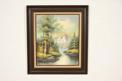 Peinture à l'huile originale signée représentant un paysage de montagne au bord d'un lac, dans le style de Bob Ross