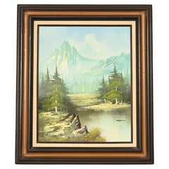 Peinture à l'huile originale signée représentant un paysage de montagne et de rivière, dans le style de Bob Ross