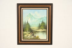 Peinture à l'huile originale signée représentant un paysage de montagne et de rivière, dans le style de Bob Ross