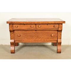 Antique American Empire Carved Tiger Oak Lowboy Dresser, Circa 1900