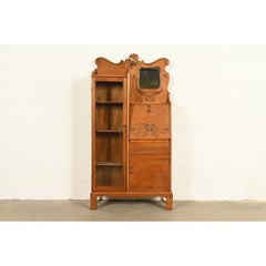 Antique Victorian Oak Bookcase With Drop Front Secretary Desk, Circa 1900